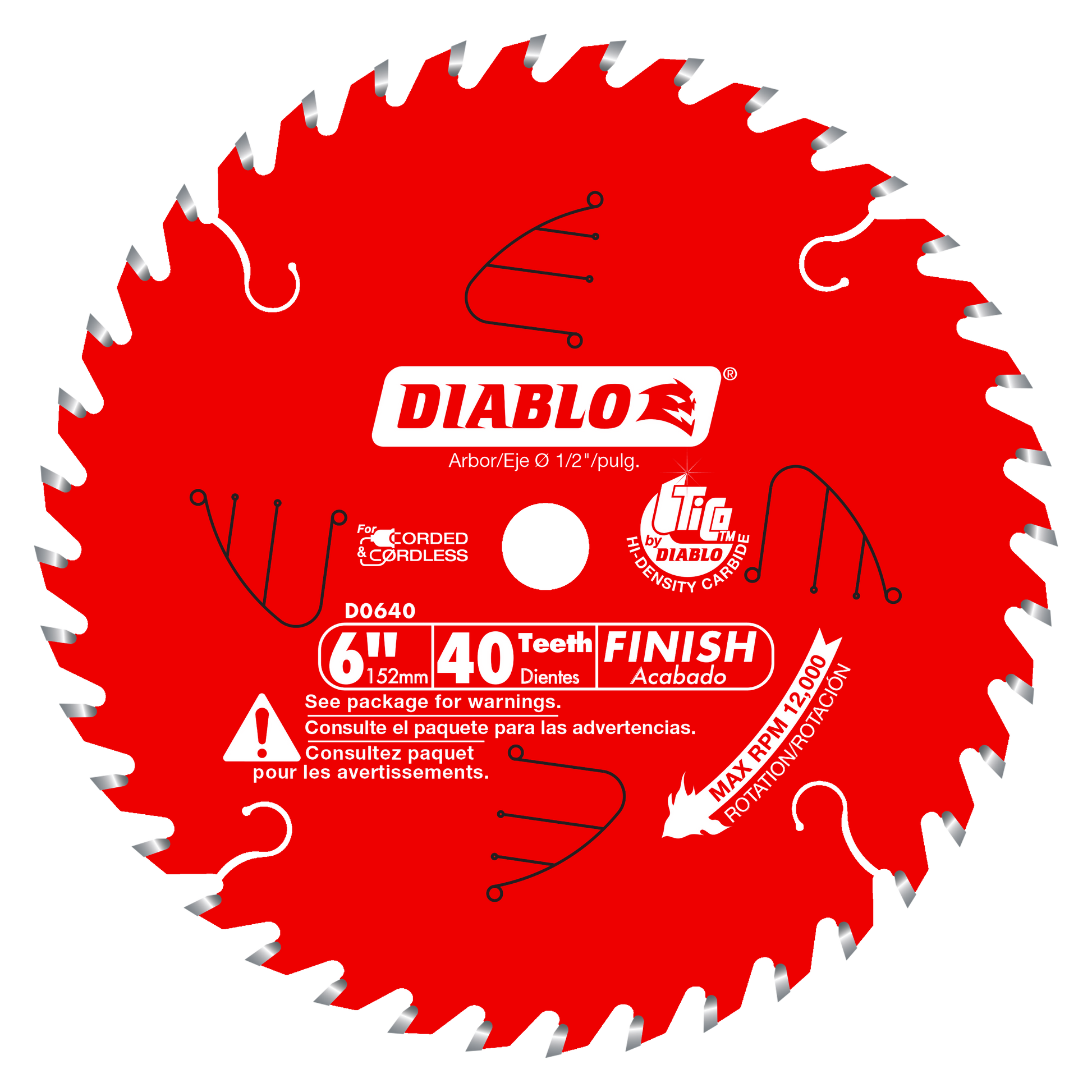 Red circular saw blade with 40 teeth, 6-inch diameter, labeled Diablo D0640 with arbor size 1/2 inch.