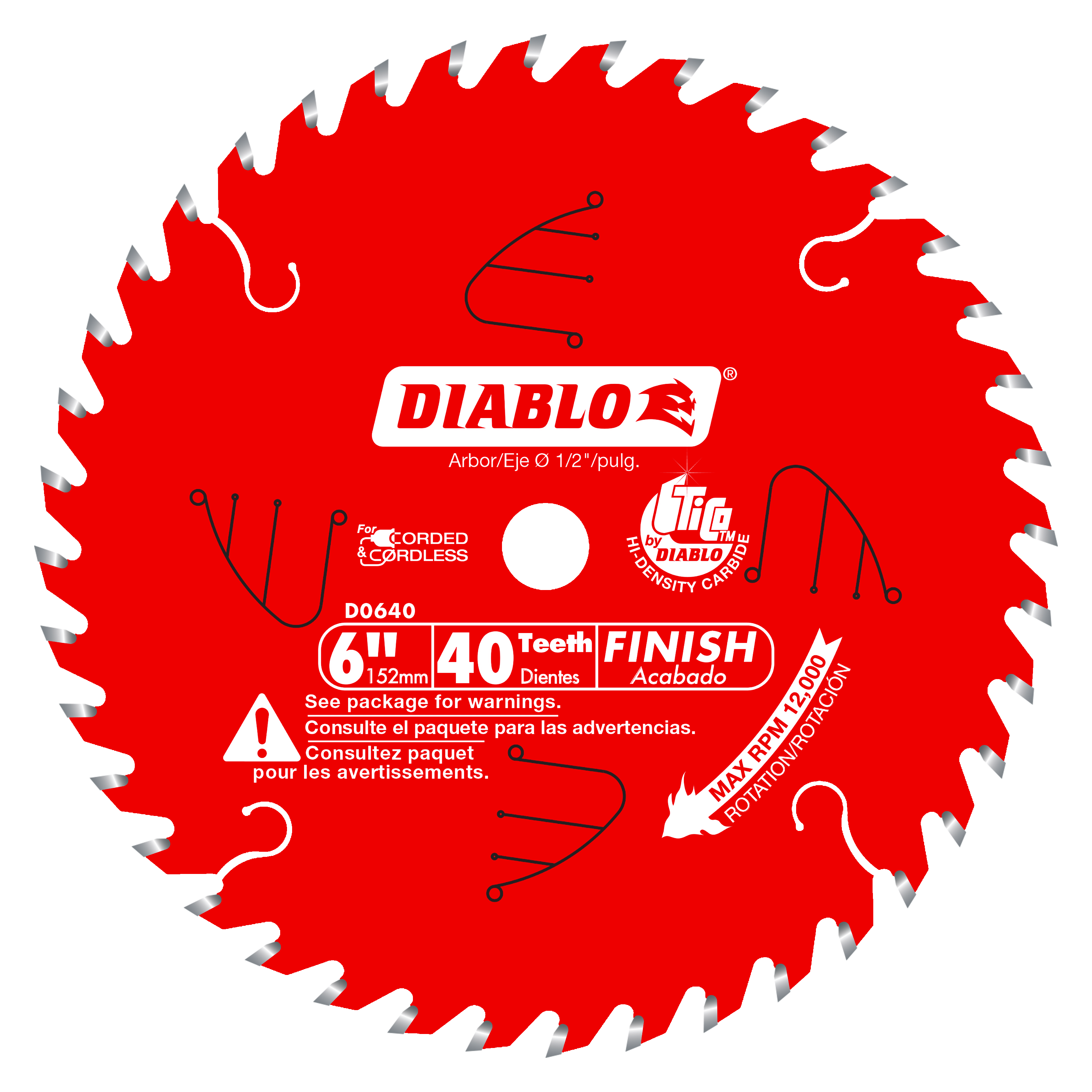 Red circular saw blade with 40 teeth, 6-inch diameter, labeled Diablo D0640 with arbor size 1/2 inch.