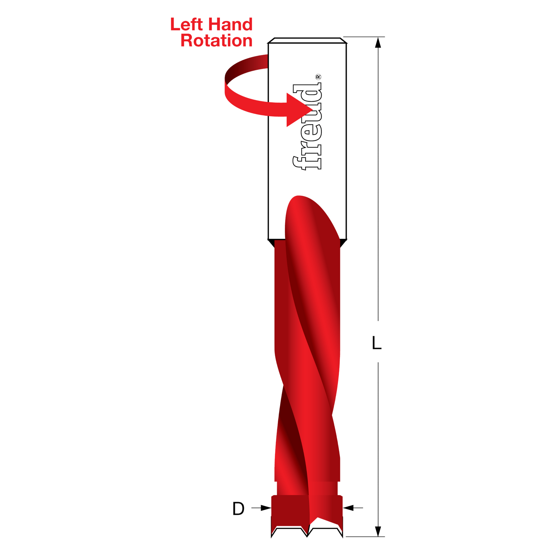 Red brad point drill bit with left-hand rotation, labeled with Freud branding and dimension markers.