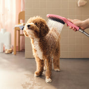 Pink handheld shower head with black bristles spraying water on brown and white dog in bathroom.