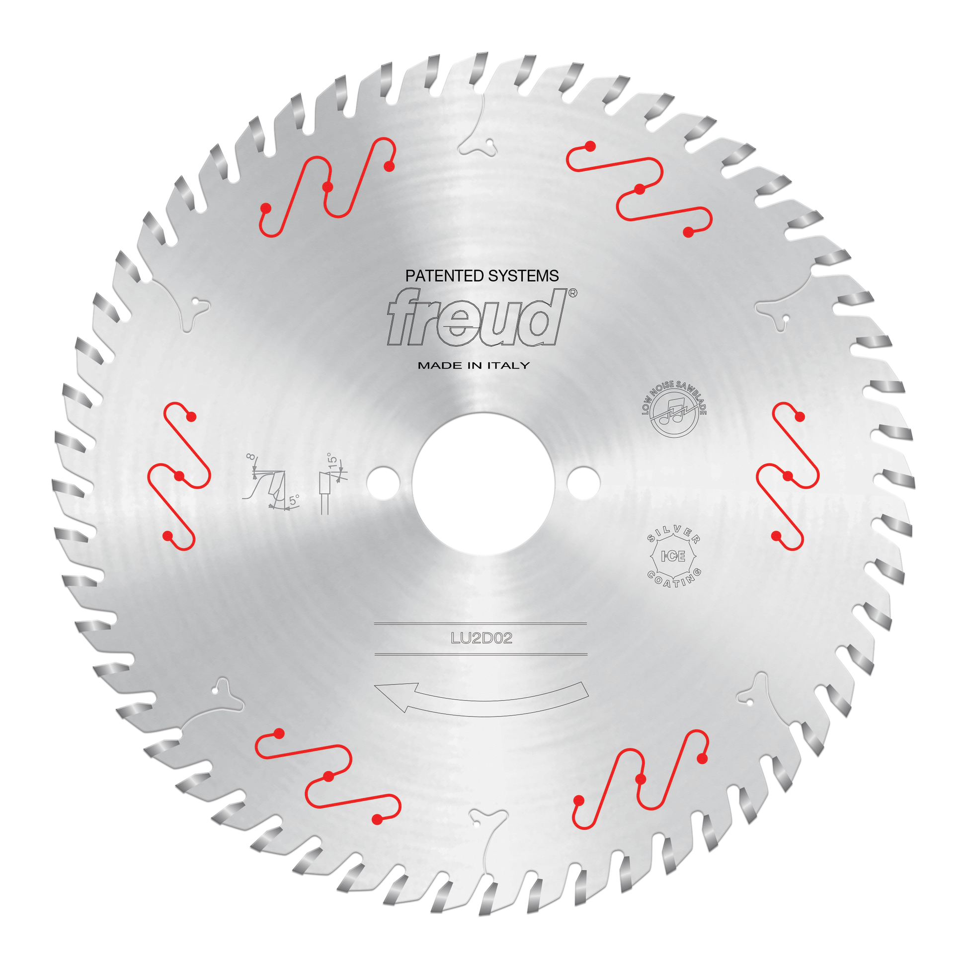 Freud LU2D02 180mm circular saw blade with carbide-tipped teeth and center arbor hole, marked "Made in Italy."