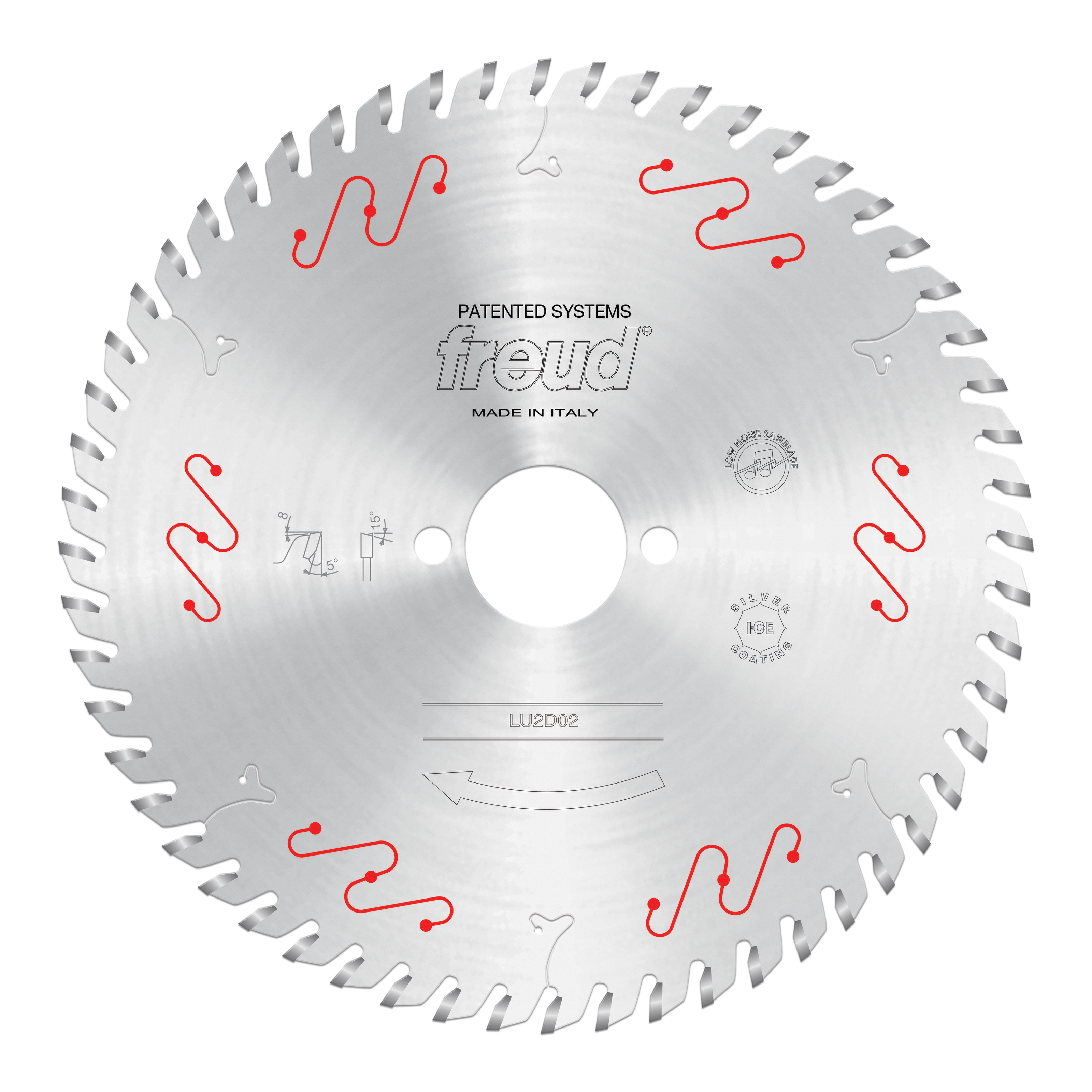 Freud LU2D02 180mm circular saw blade with carbide-tipped teeth and center arbor hole, marked "Made in Italy."