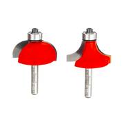 Two red router bits with metal shanks and silver collets shown from different angles.