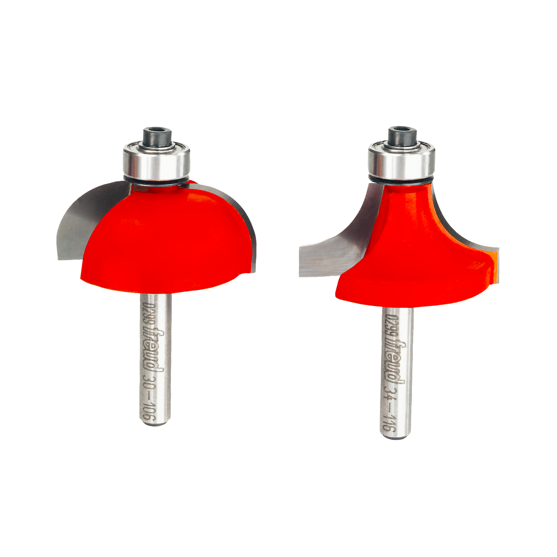 Two red router bits with metal shanks and silver collets shown from different angles.