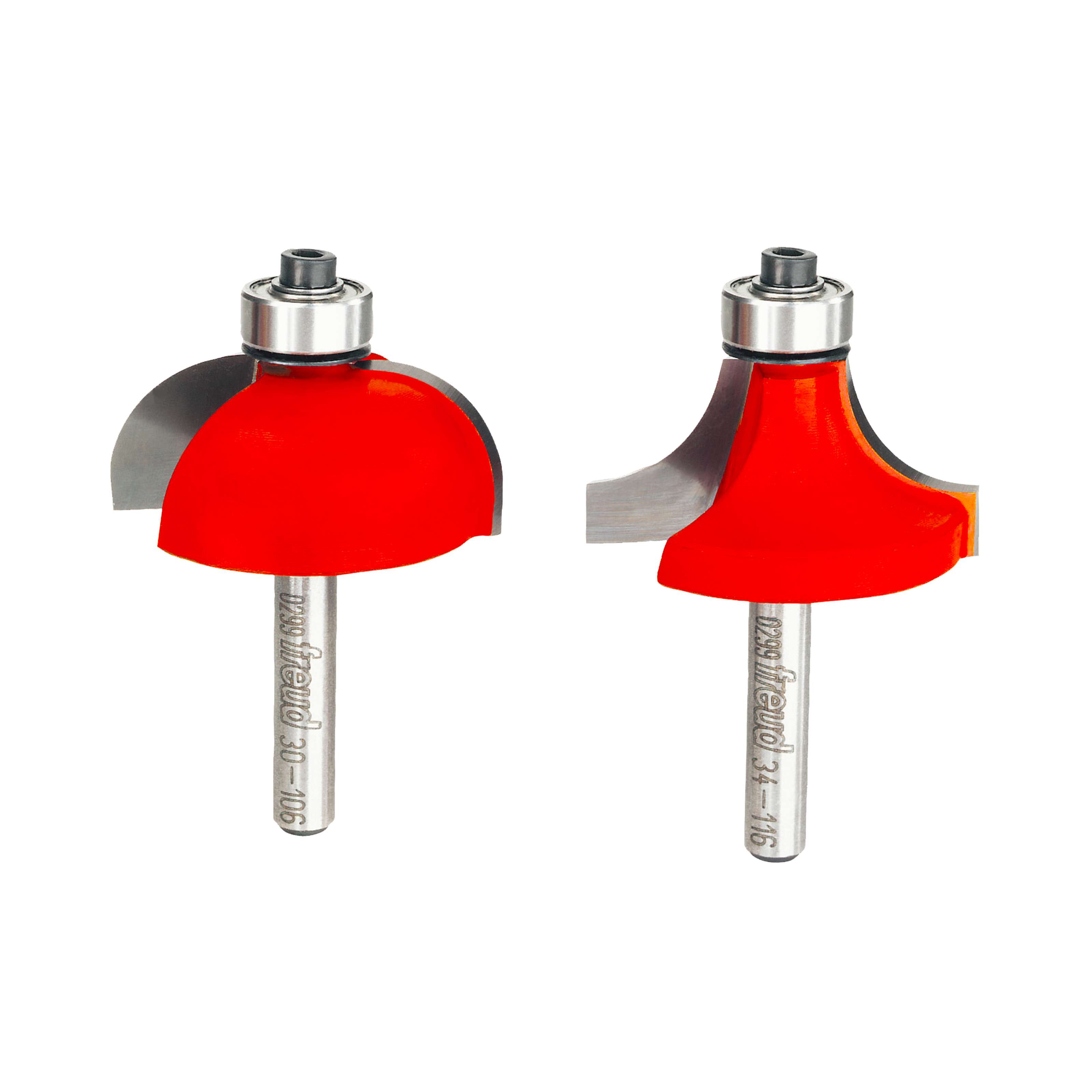 Two red router bits with metal shanks and silver collets shown from different angles.