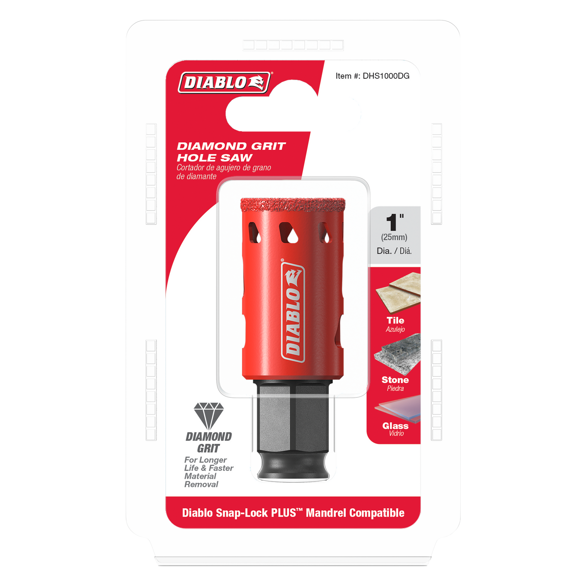 Red diamond grit hole saw with 1-inch diameter and black Snap-Lock mandrel for tile, stone, and glass cutting.