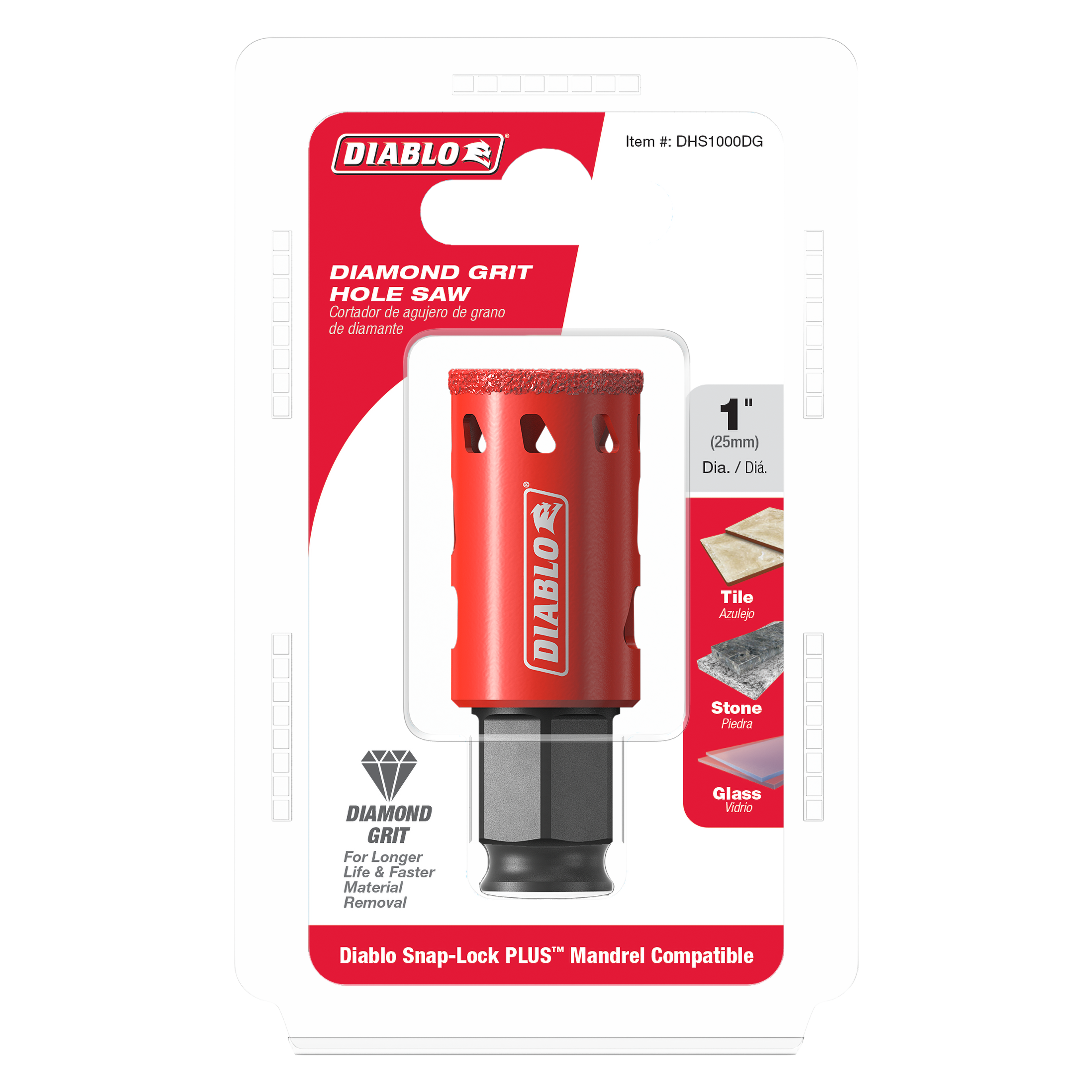 Red diamond grit hole saw with 1-inch diameter and black Snap-Lock mandrel for tile, stone, and glass cutting.