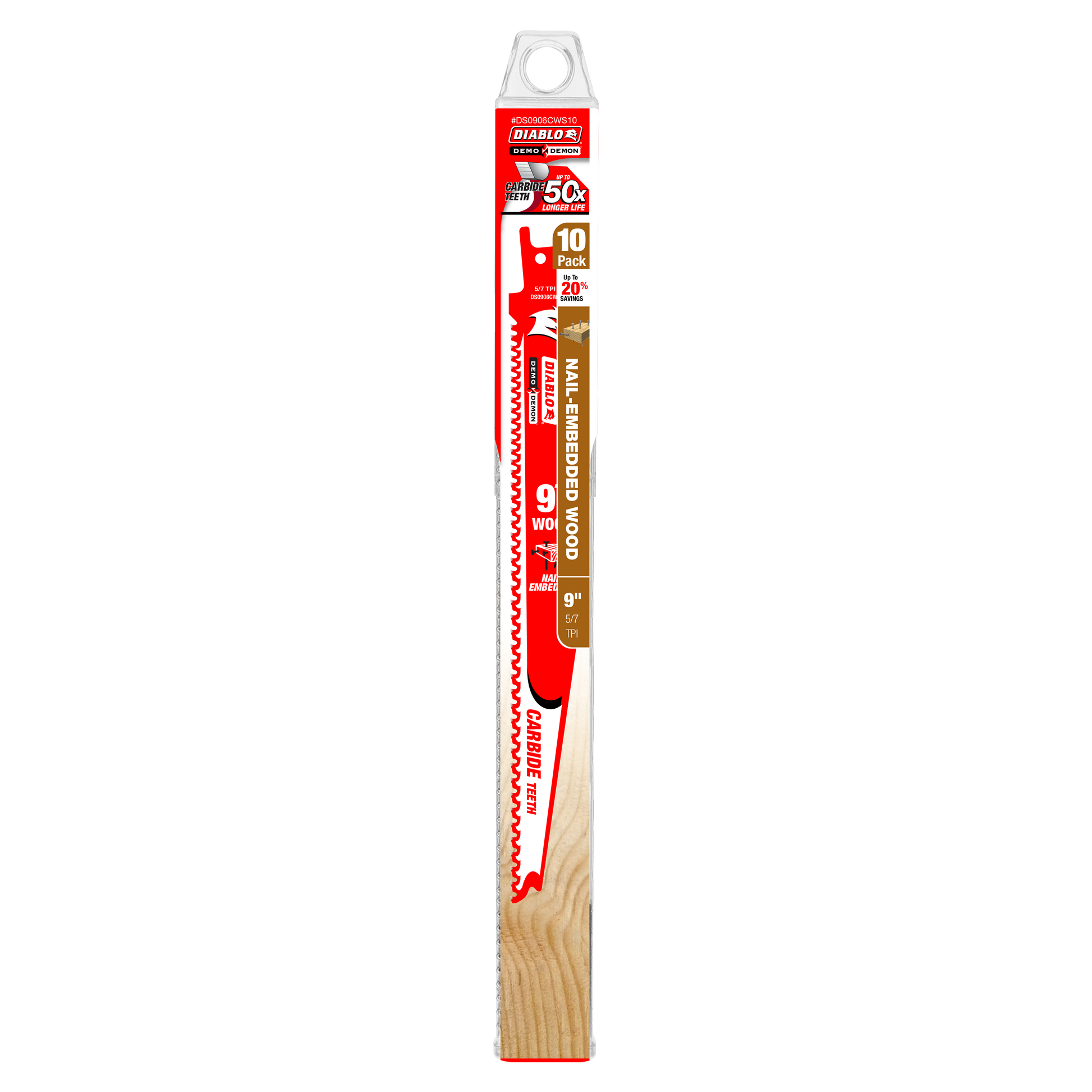 Diablo 9-inch carbide reciprocating saw blade with red packaging and wooden handle, 10-pack.