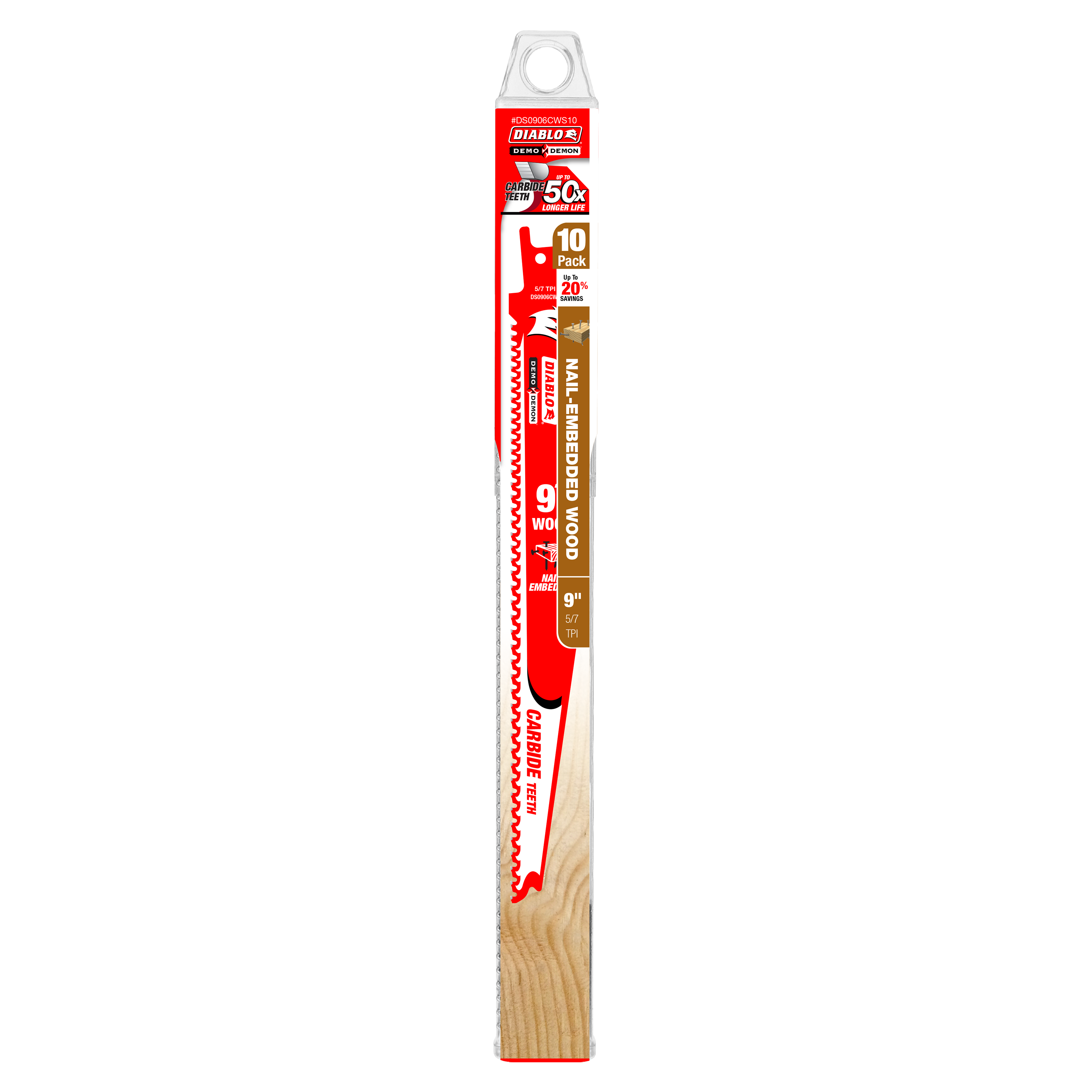 Diablo 9-inch carbide reciprocating saw blade with red packaging and wooden handle, 10-pack.