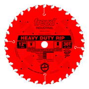 Red circular saw blade with 30 teeth, 1" arbor hole, and silver tooth tips labeled Heavy Duty Rip.
