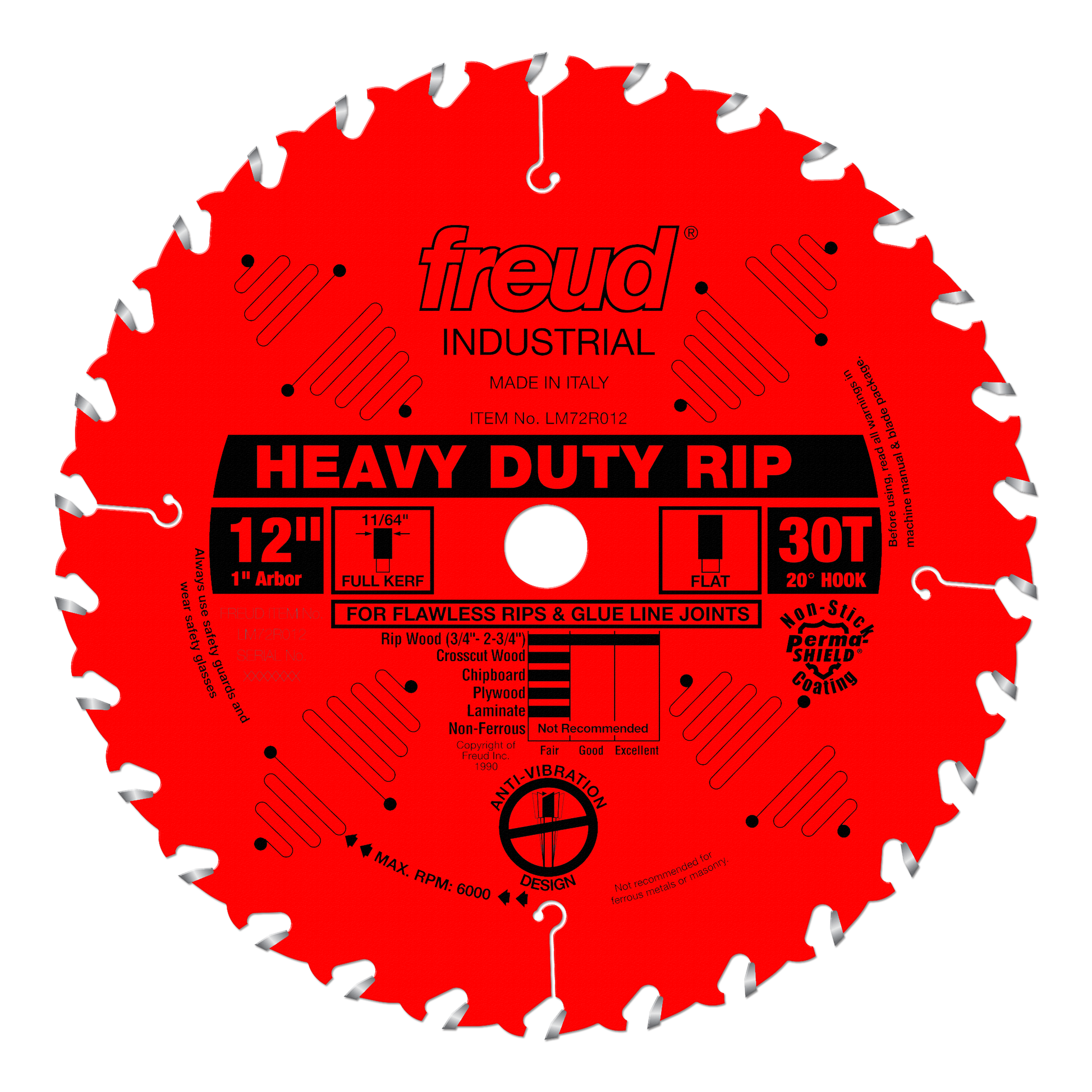 Red circular saw blade with 30 teeth, 1" arbor hole, and silver tooth tips labeled Heavy Duty Rip.