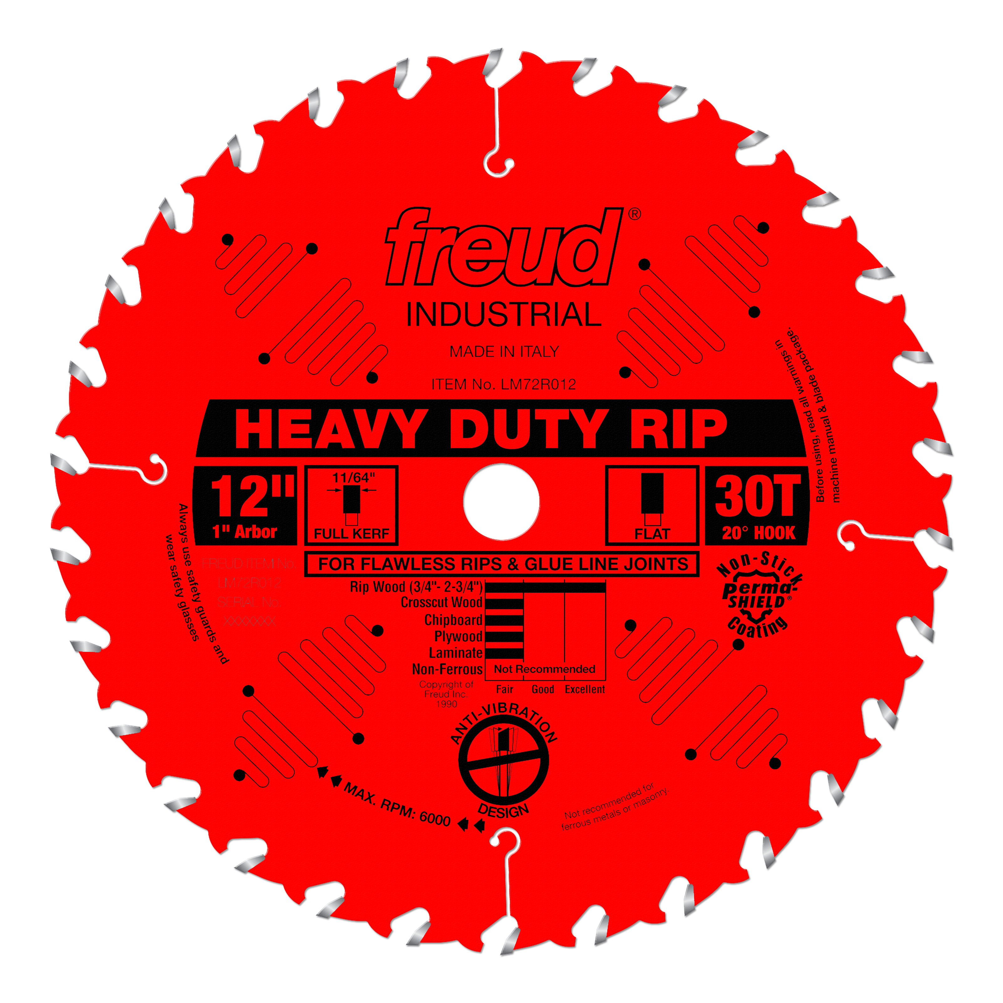 Red circular saw blade with 30 teeth, 1" arbor hole, and silver tooth tips labeled Heavy Duty Rip.