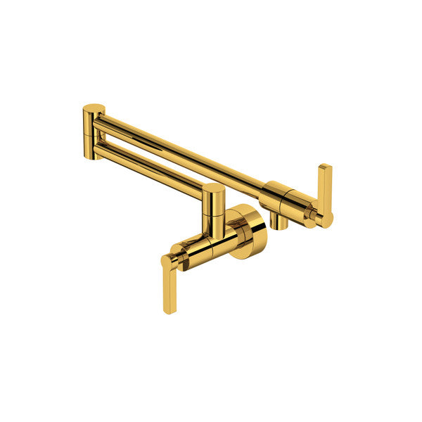 Unlacquered brass pot filler with articulating arm and two lever handles mounted on white background.