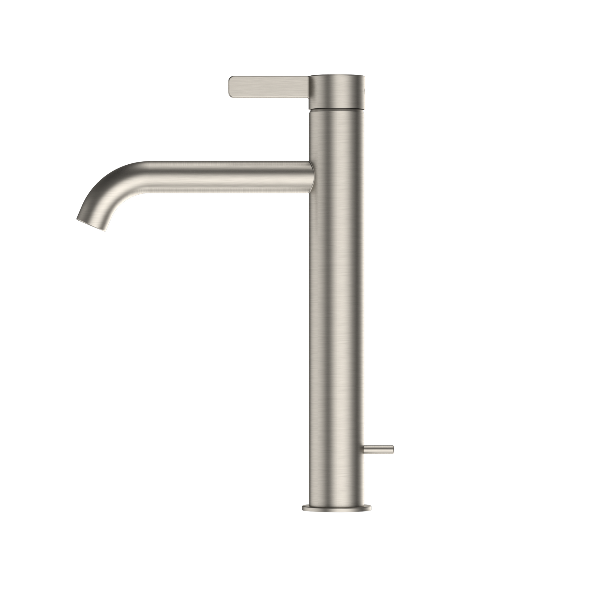 Brushed nickel single-handle vessel faucet with tall cylindrical body, curved spout, and rectangular lever handle.