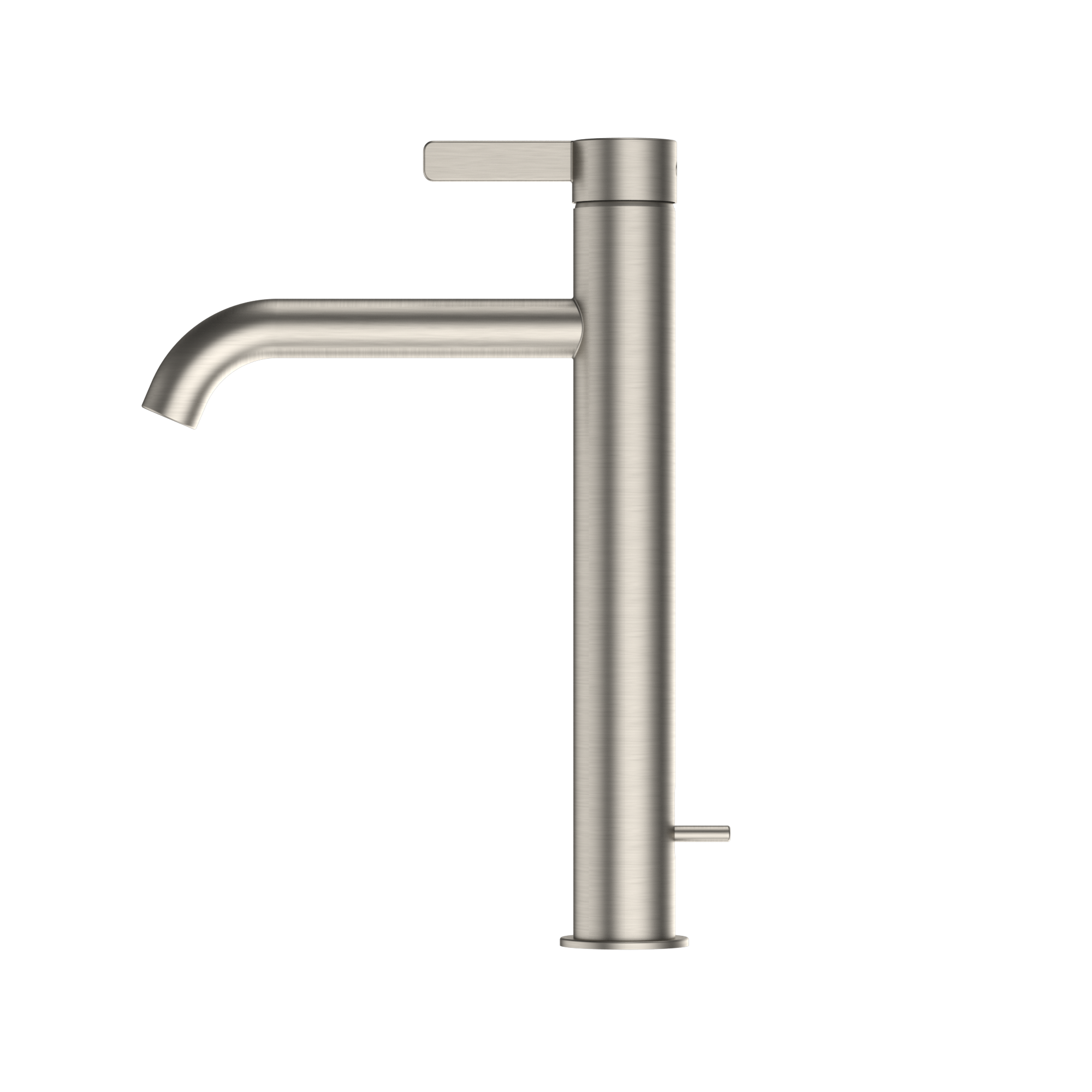 Brushed nickel single-handle vessel faucet with tall cylindrical body, curved spout, and rectangular lever handle.