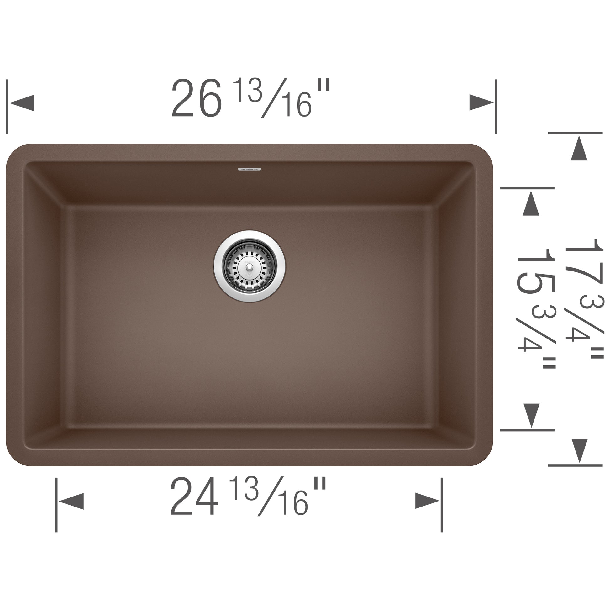 Cafe brown single bowl kitchen sink with drain fixture, dimensions 26 13/16" x 24 13/16" x 17 3/4".