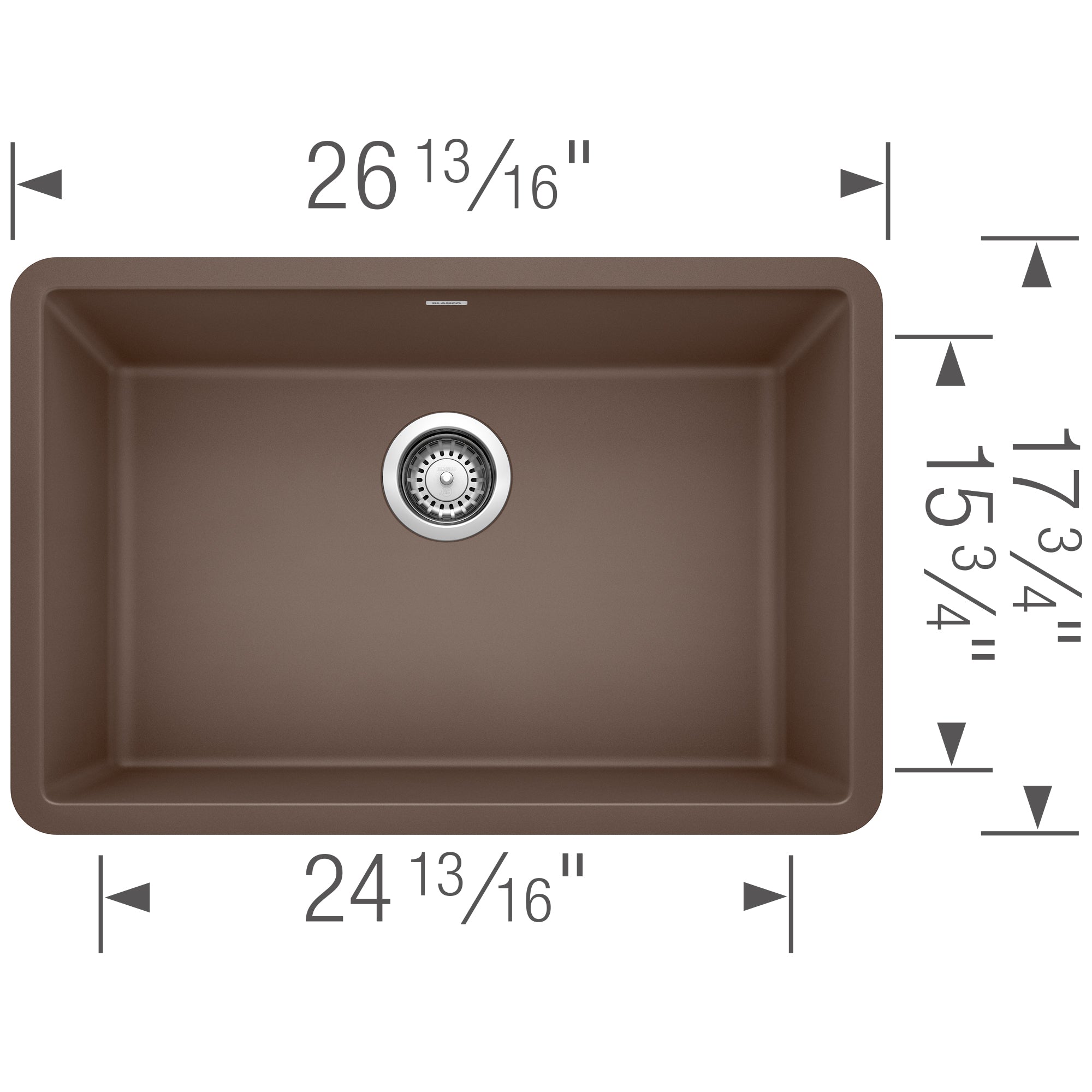 Cafe brown single bowl kitchen sink with drain fixture, dimensions 26 13/16" x 24 13/16" x 17 3/4".