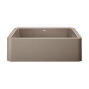 Truffle-colored single bowl farmhouse sink with apron front and rounded corners, 33 inches wide.