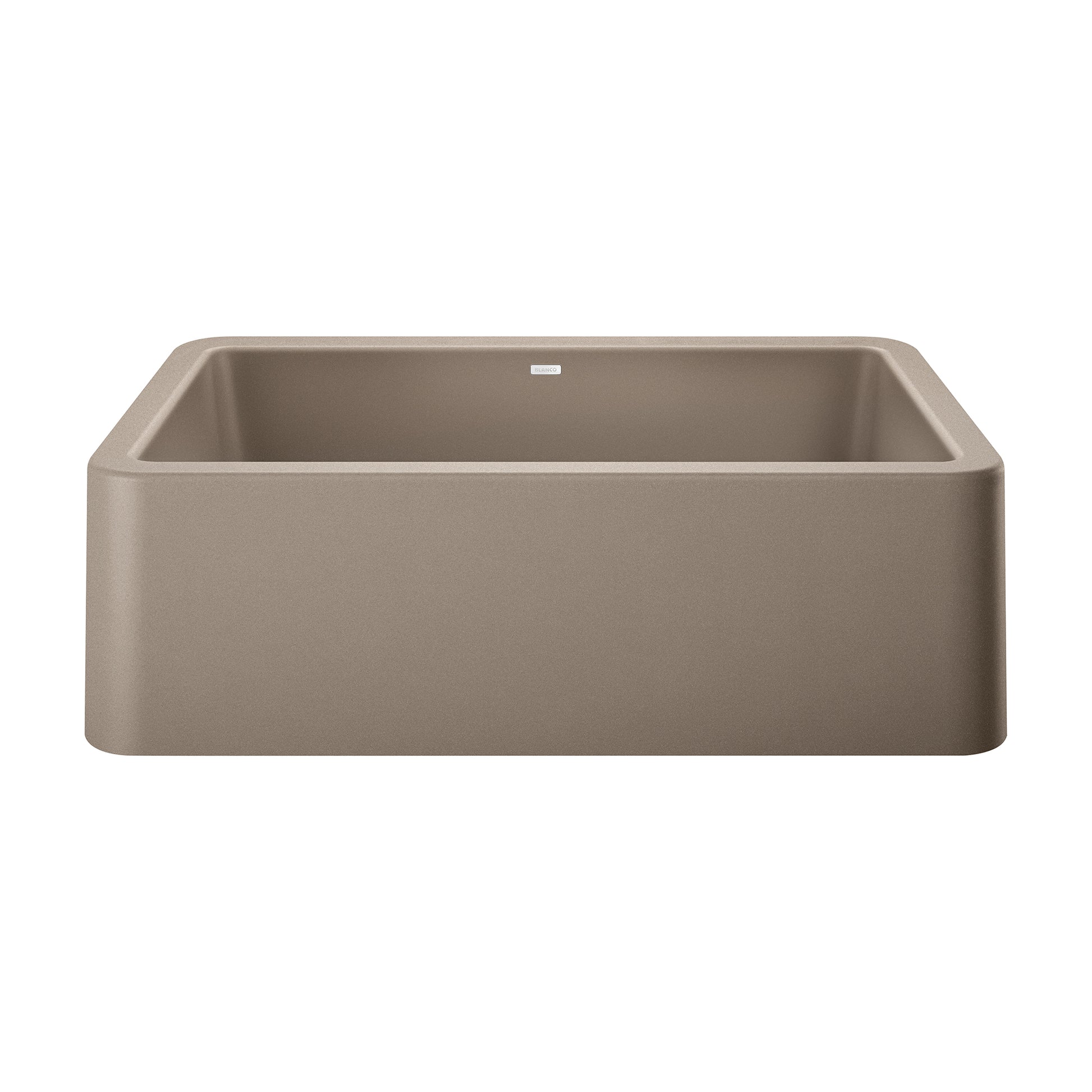 Truffle-colored single bowl farmhouse sink with apron front and rounded corners, 33 inches wide.