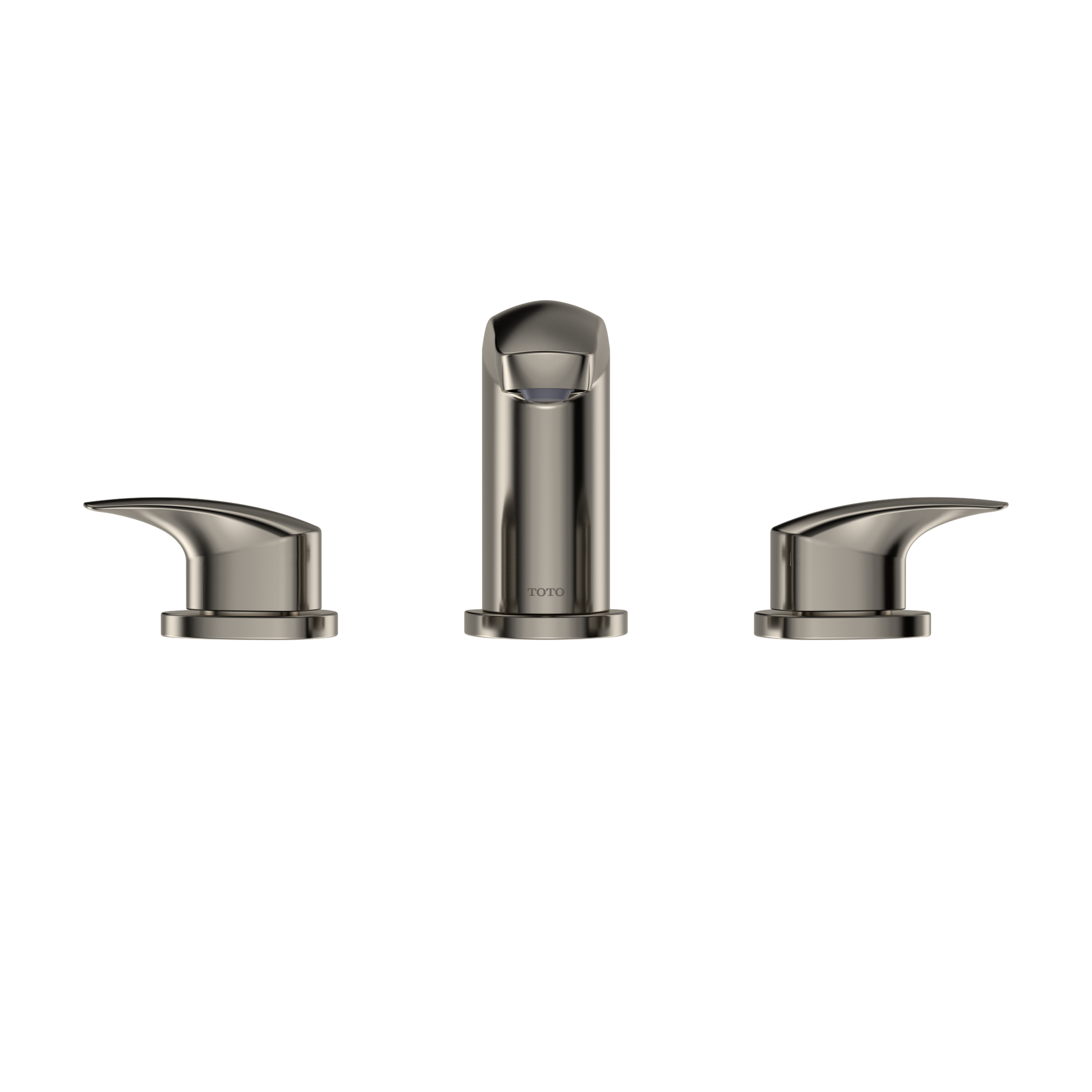 Polished nickel widespread bathroom sink faucet with tall center spout and two curved side handles.
