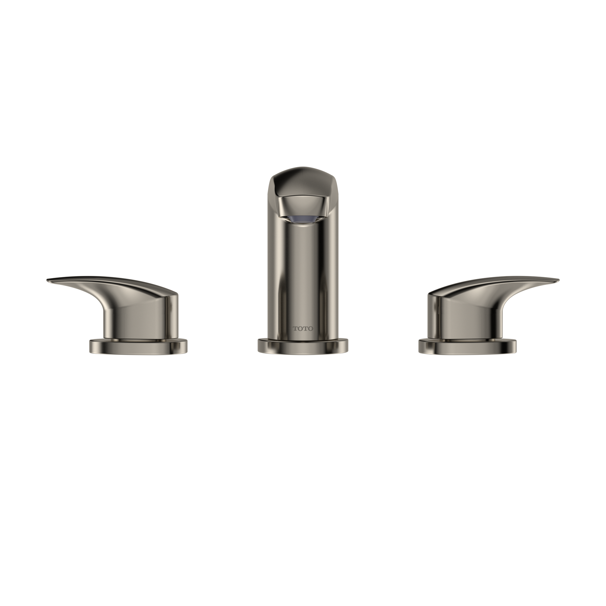 Polished nickel widespread bathroom sink faucet with tall center spout and two curved side handles.