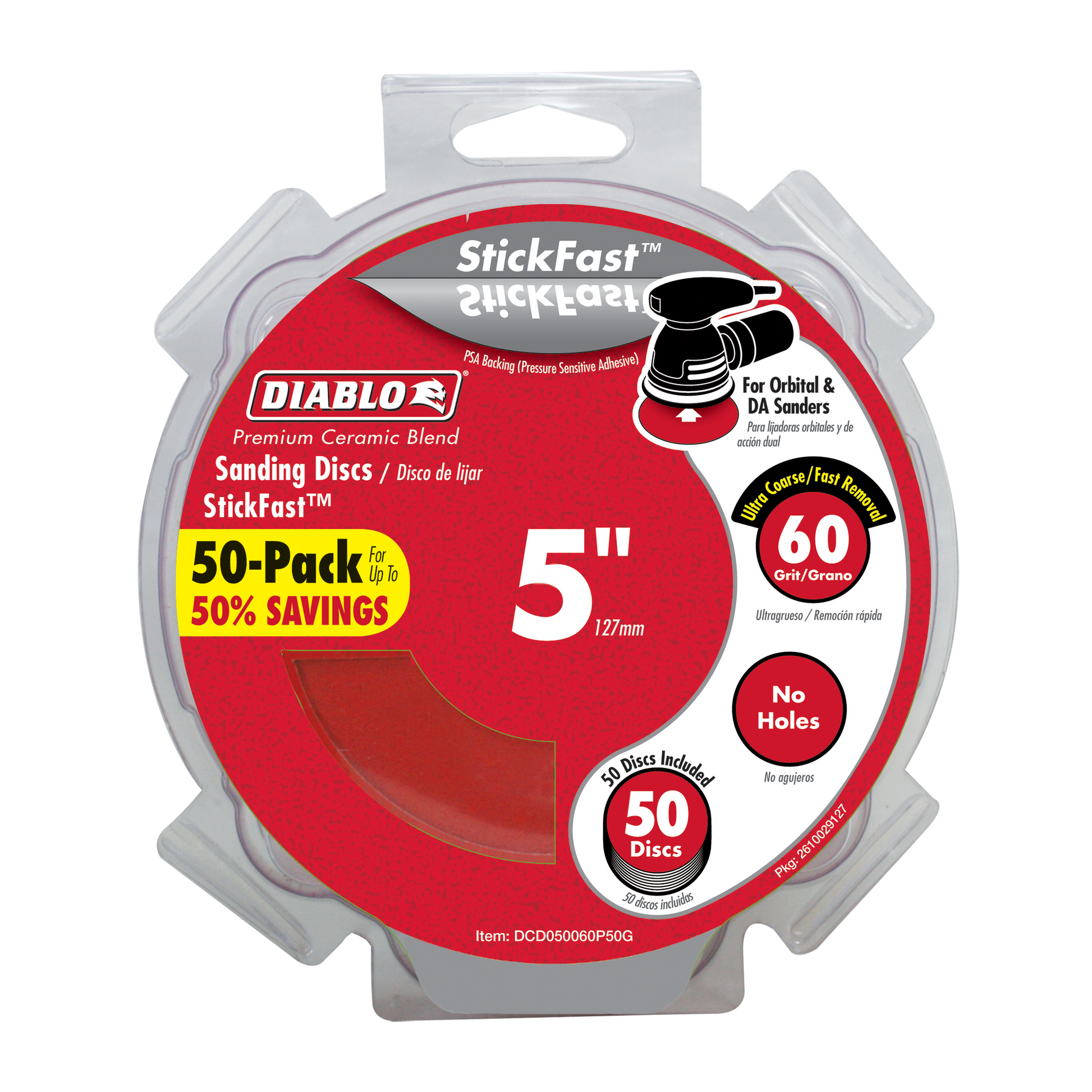 Five-inch Diablo sanding discs with 60-grit ultra-coarse ceramic blend in clear plastic clamshell package containing 50 discs