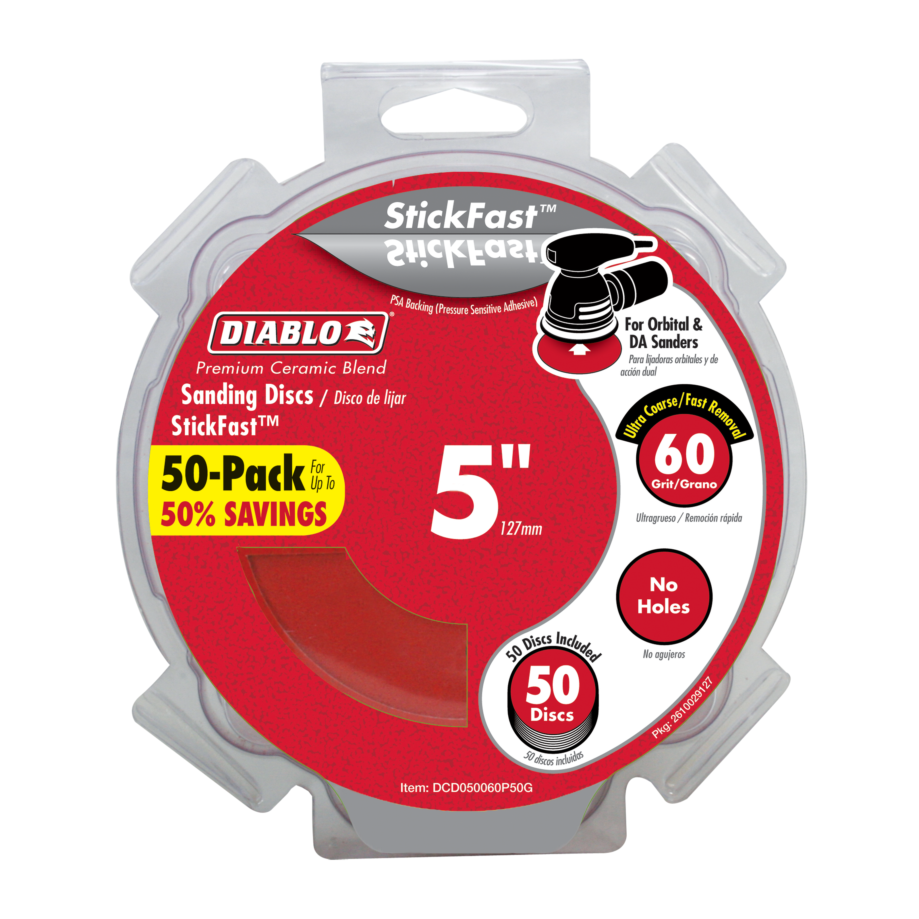 Five-inch Diablo sanding discs with 60-grit ultra-coarse ceramic blend in clear plastic clamshell package containing 50 discs