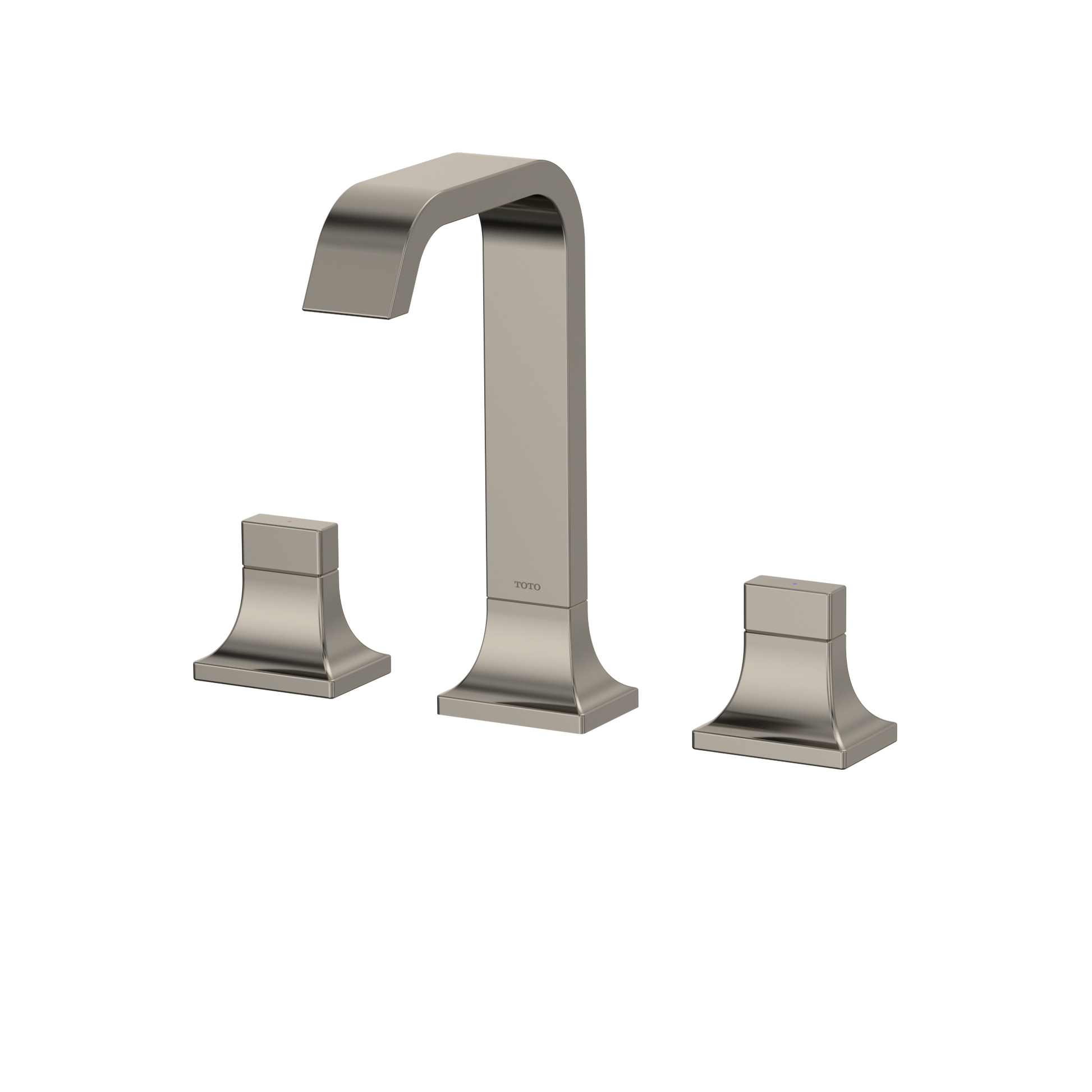 Polished nickel two-handle widespread bathroom sink faucet with curved spout and square base handles.