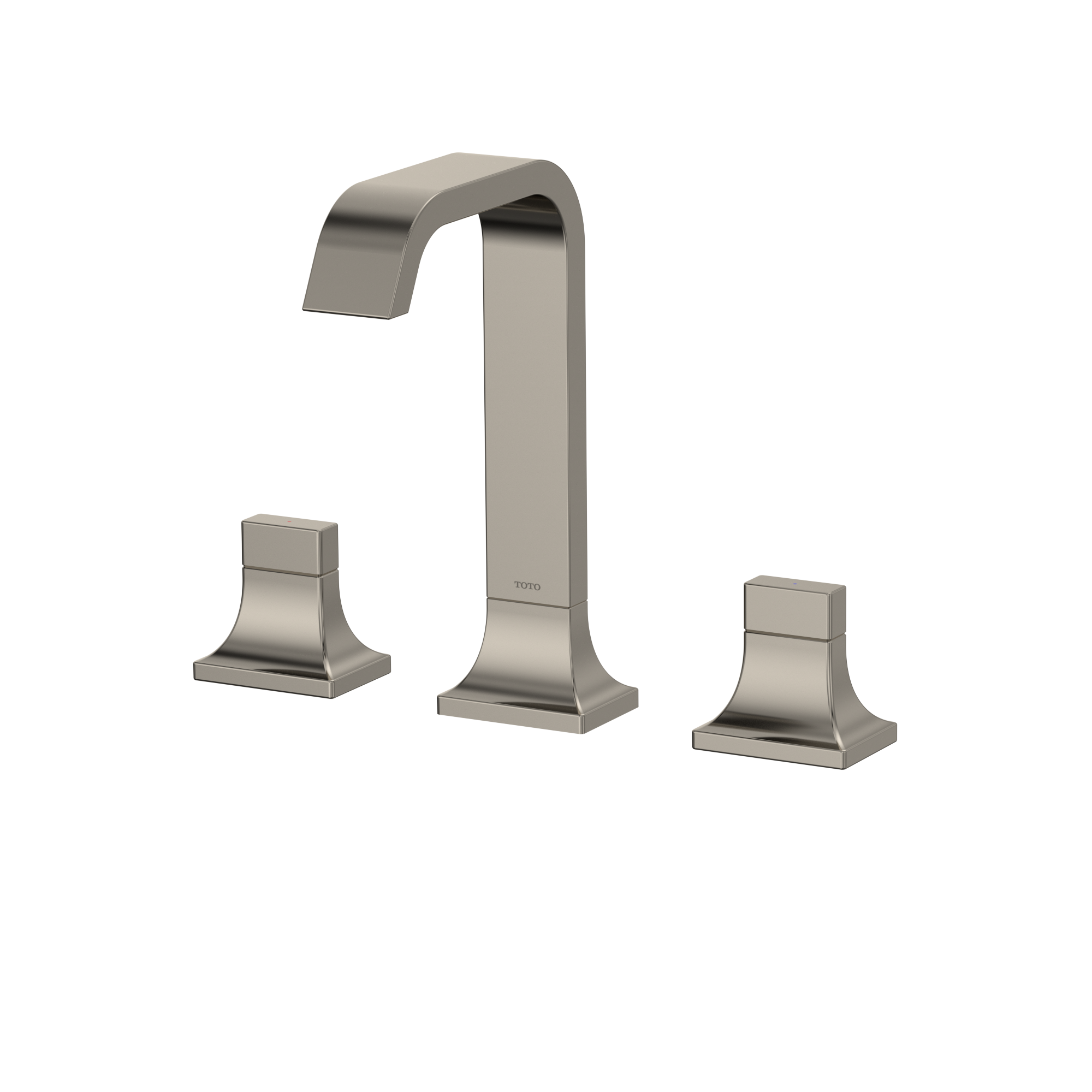 Polished nickel two-handle widespread bathroom sink faucet with curved spout and square base handles.