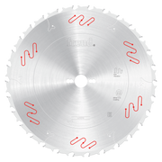Circular saw blade with carbide-tipped teeth and center bore, marked with Freud branding and red design elements.