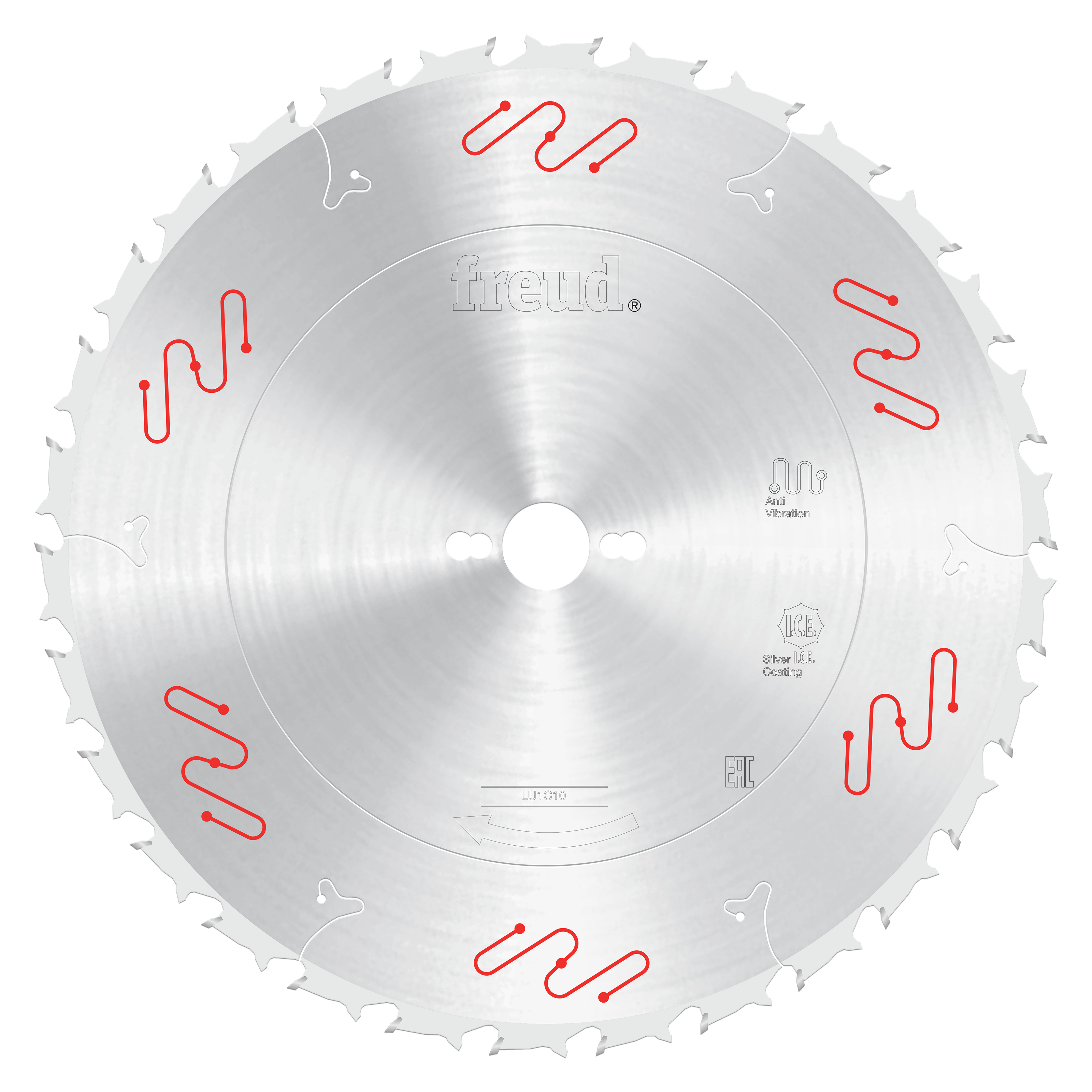 Circular saw blade with carbide-tipped teeth and center bore, marked with Freud branding and red design elements.