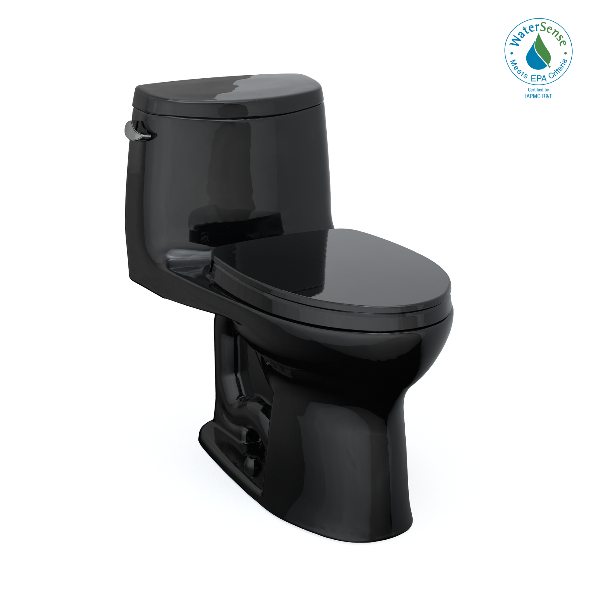 Ebony one-piece elongated toilet with soft-close seat and integrated tank, shown from angled side view.