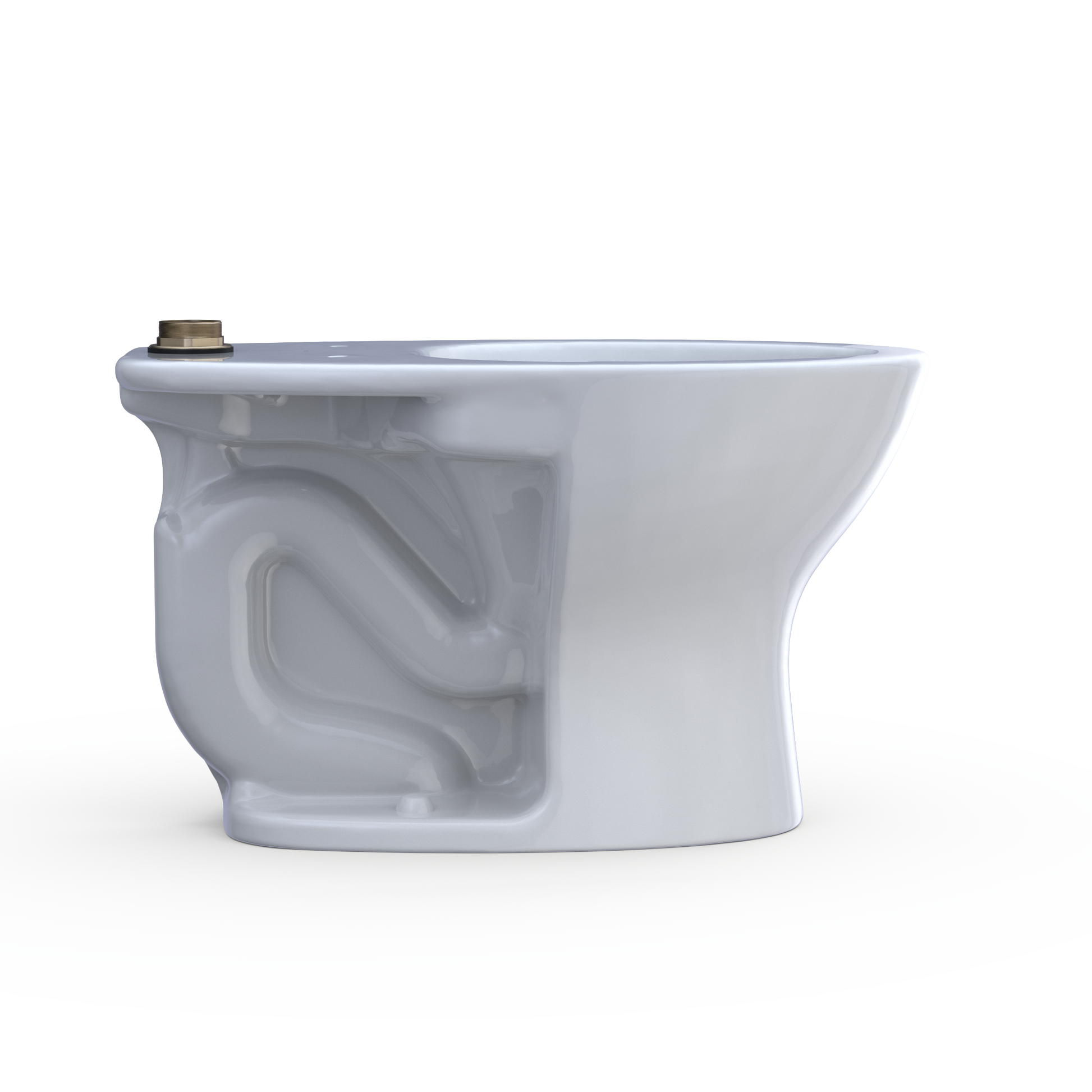 White elongated toilet bowl with flushometer connection port and tornado flush design visible inside bowl.