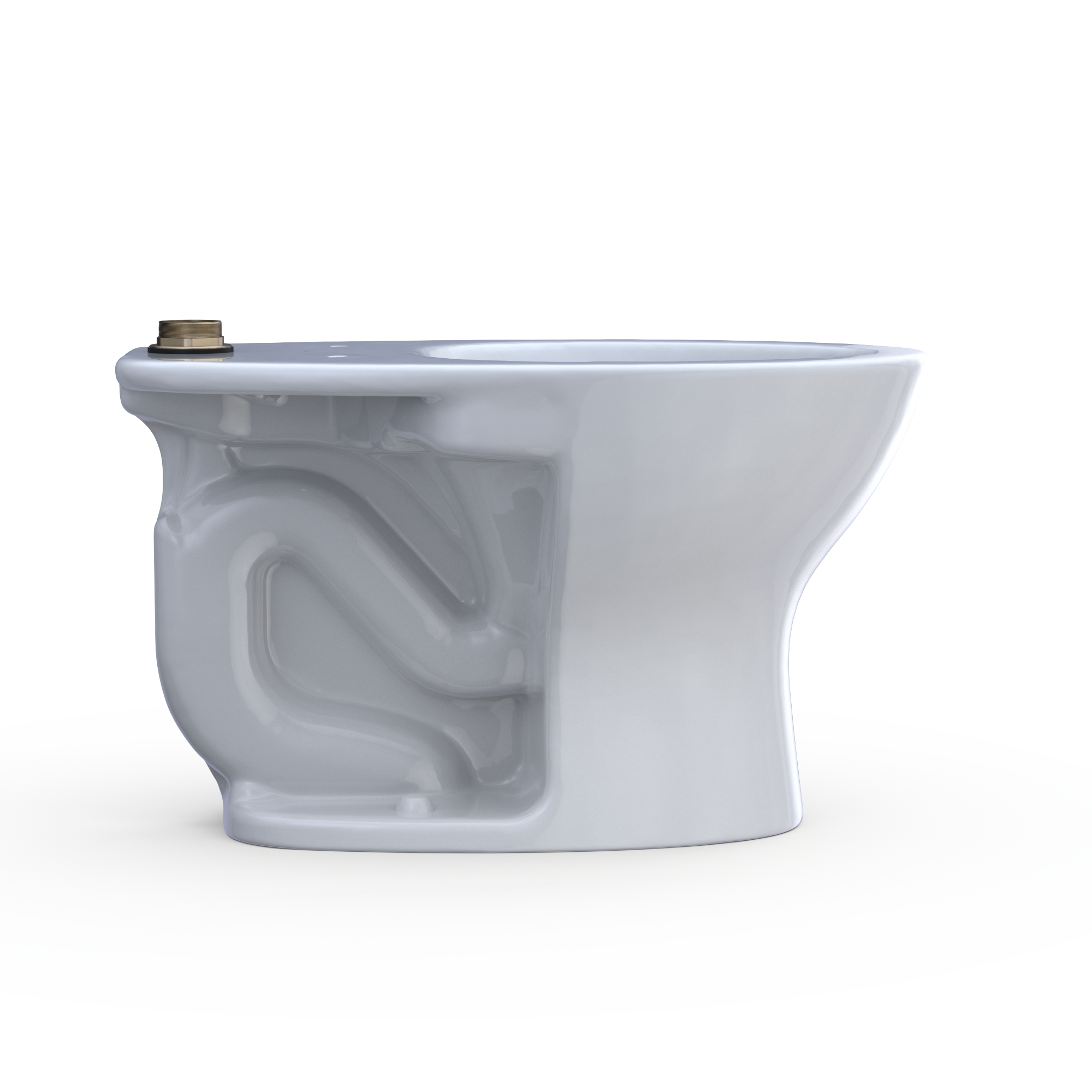 White elongated toilet bowl with flushometer connection port and internal tornado flush channels visible.