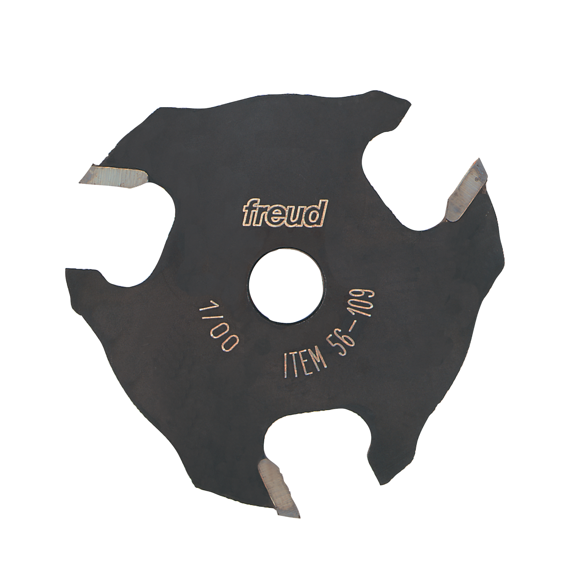 Black slotting cutter with three carbide wings, central bore, and "freud" branding with item number 56-109.