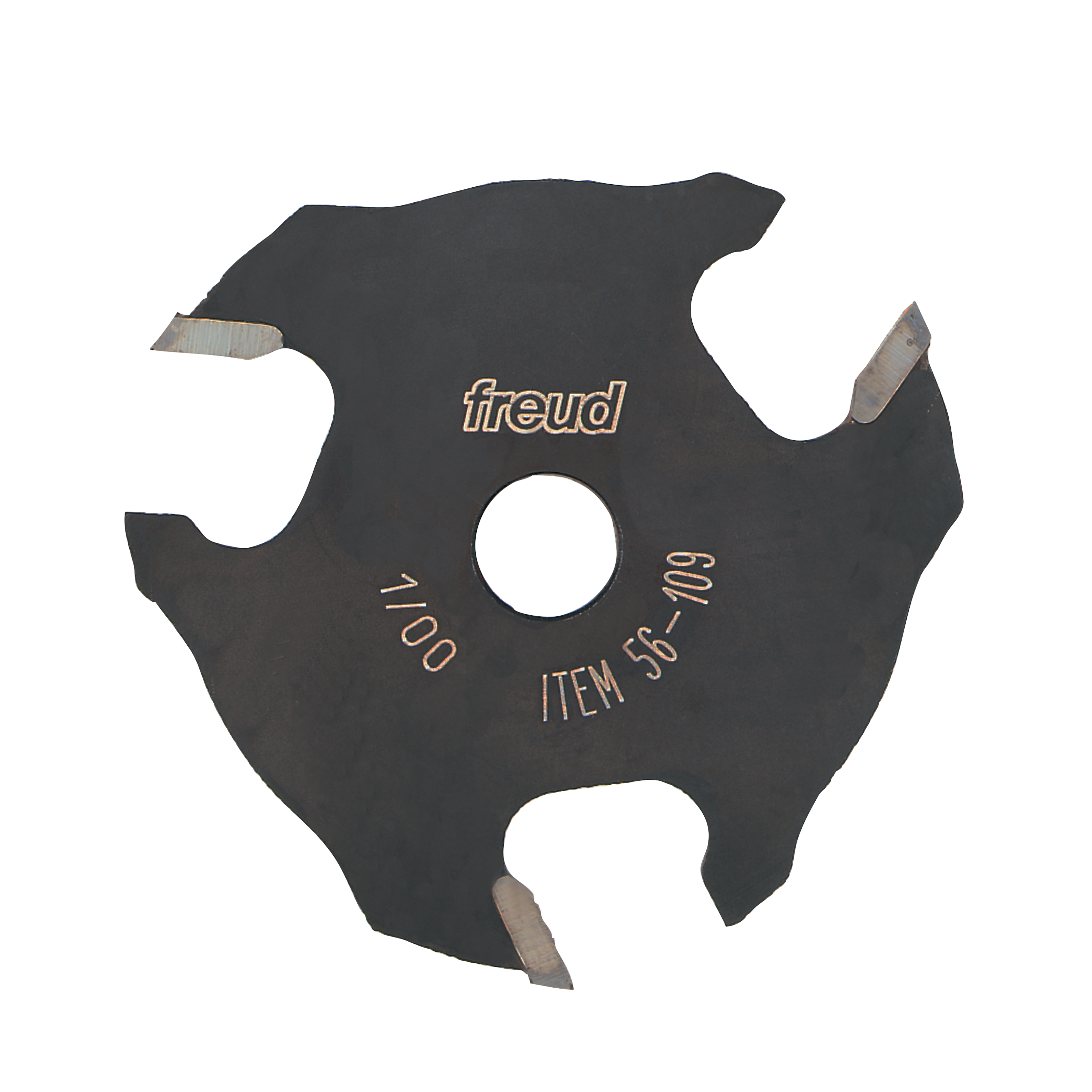 Black slotting cutter with three carbide wings, central bore, and "freud" branding with item number 56-109.