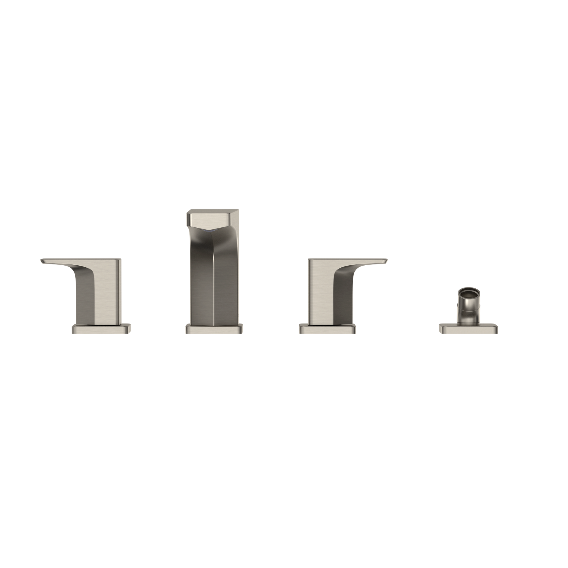 Brushed nickel two-handle roman tub filler trim with center spout and separate handshower outlet.