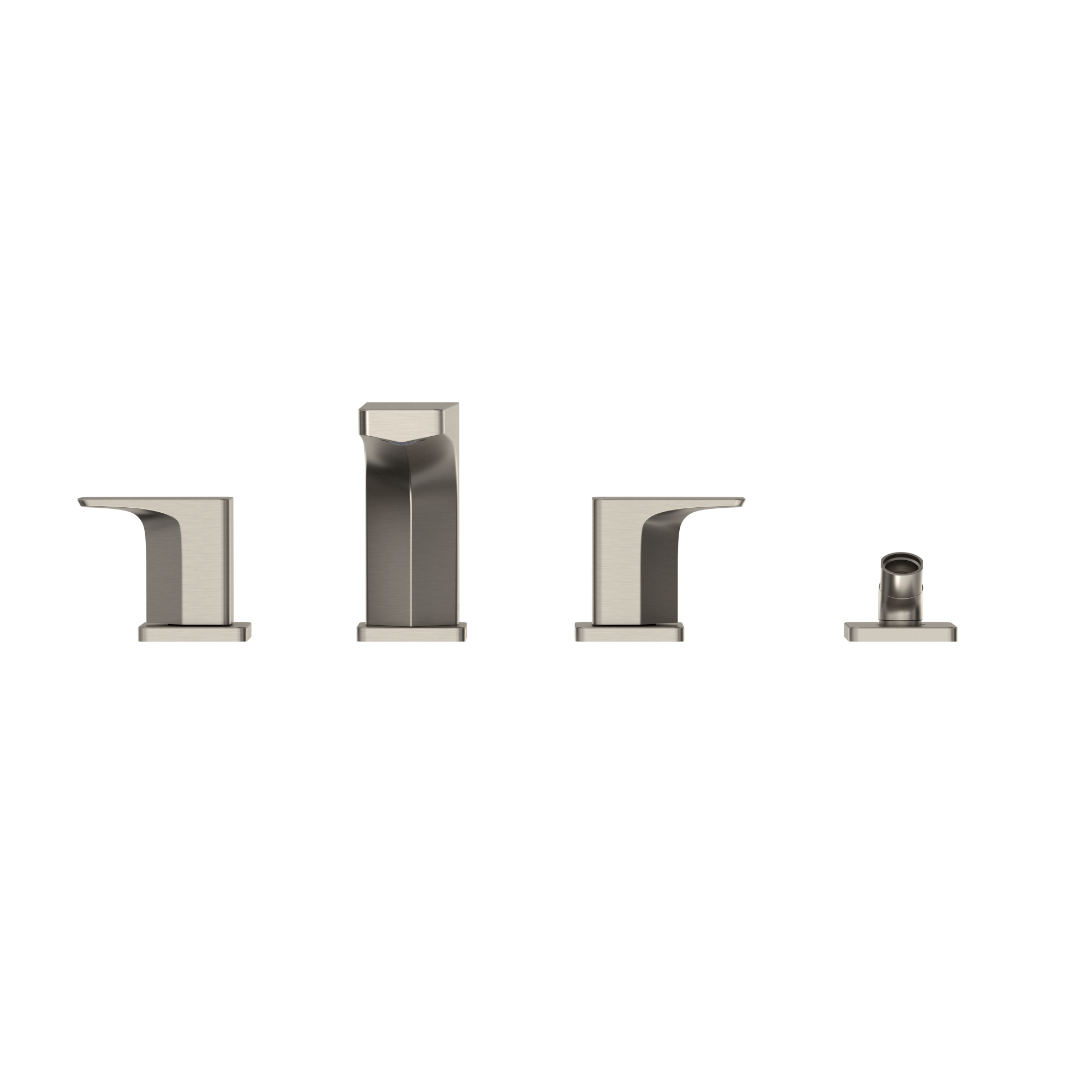 Brushed nickel two-handle roman tub filler trim with center spout and separate handshower outlet.