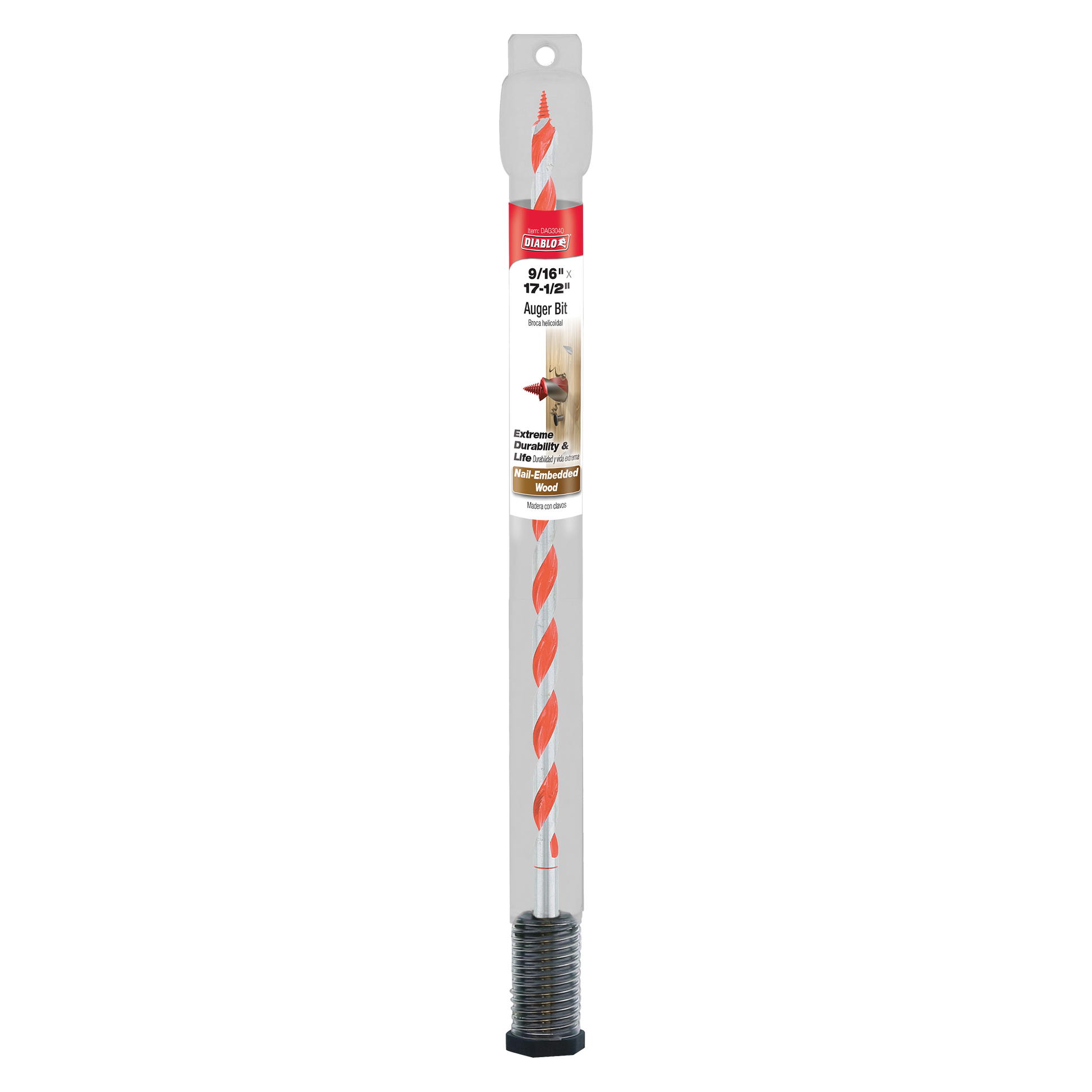 Diablo 9/16 inch by 17-1/2 inch auger bit with red flutes, gray shaft, and threaded base on white background.