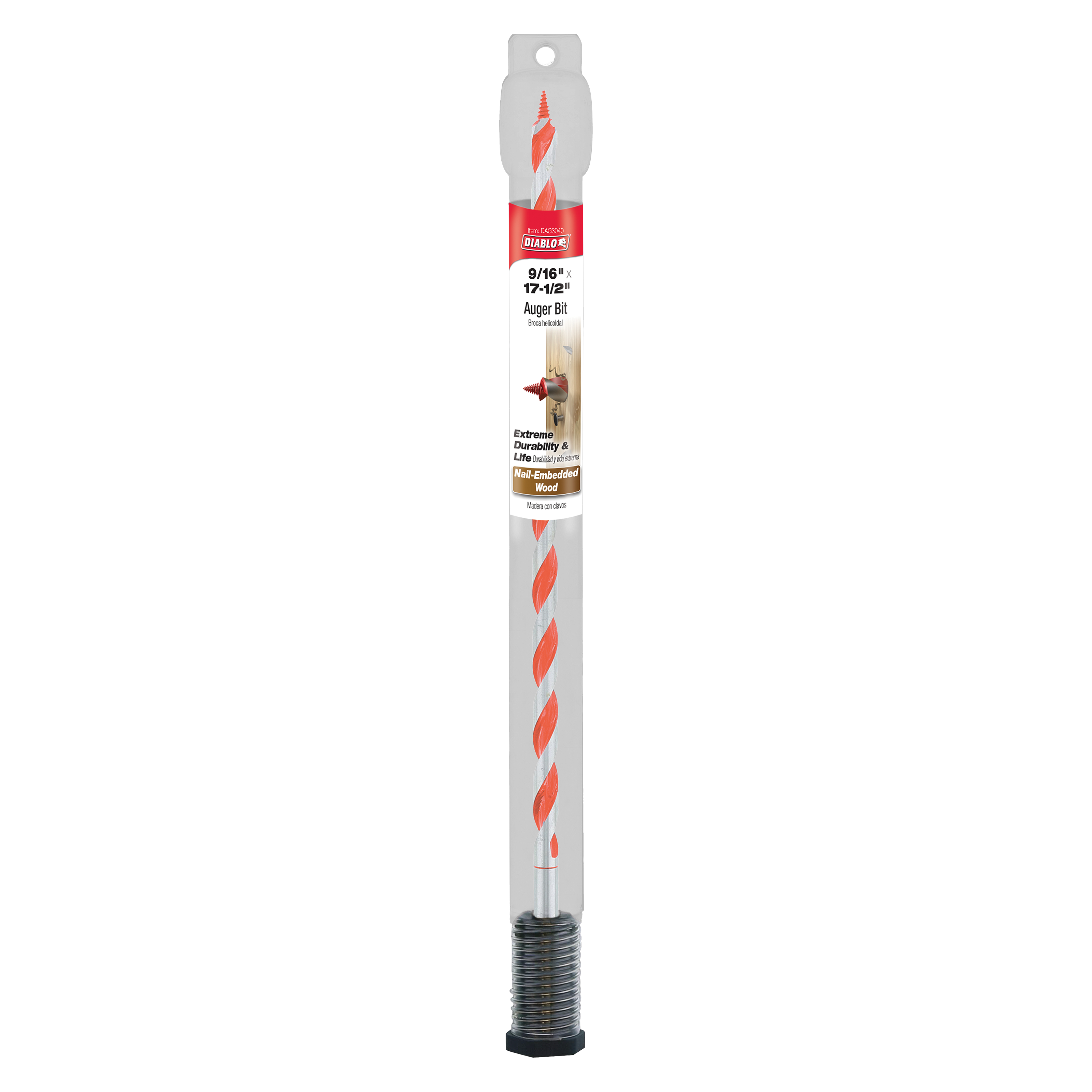 Diablo 9/16 inch by 17-1/2 inch auger bit with red flutes, gray shaft, and threaded base on white background.
