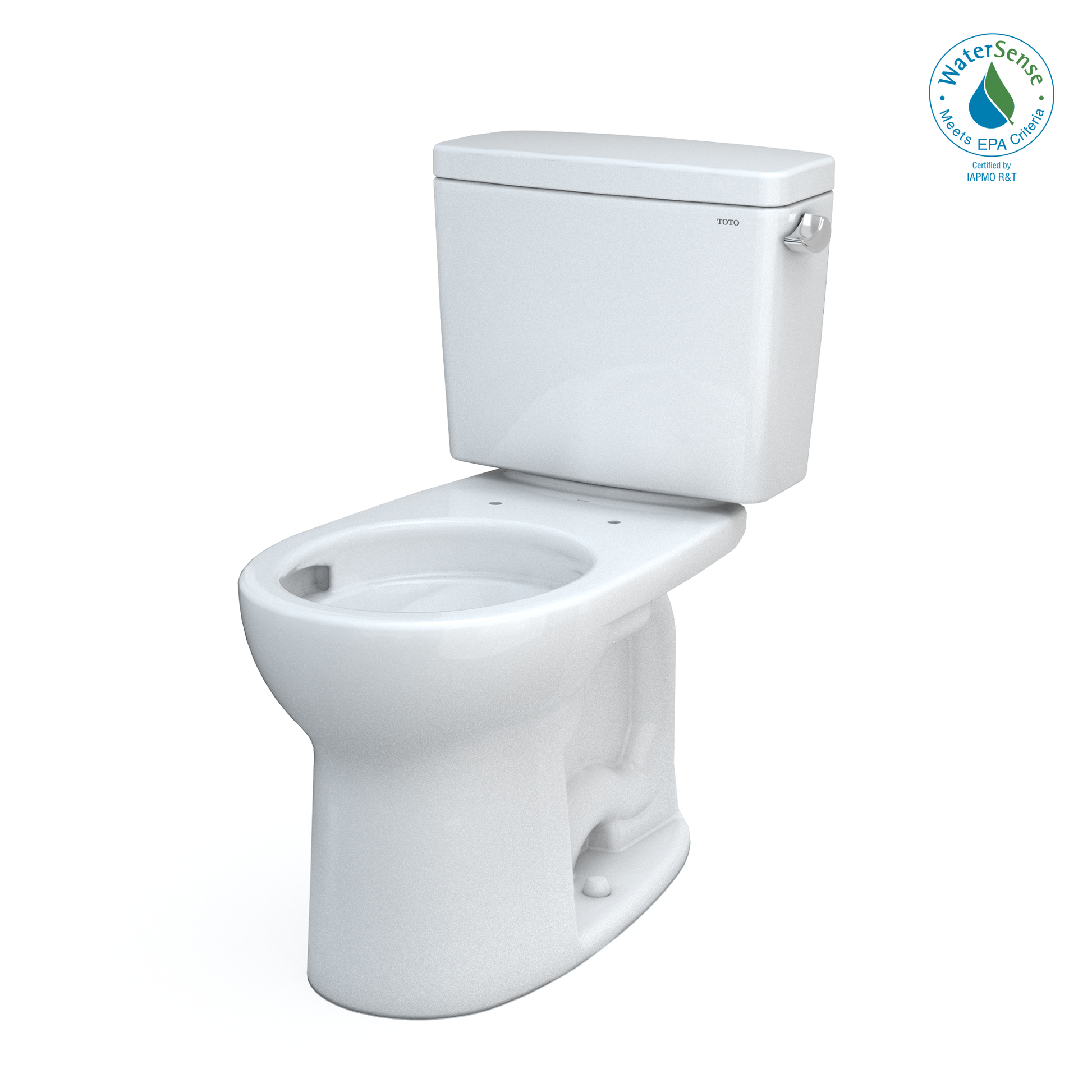 White two-piece round toilet with tank, bowl, and right-hand lever flush handle.