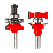 Two Freud router bits with red cutting heads and silver shanks, shown front and side views.