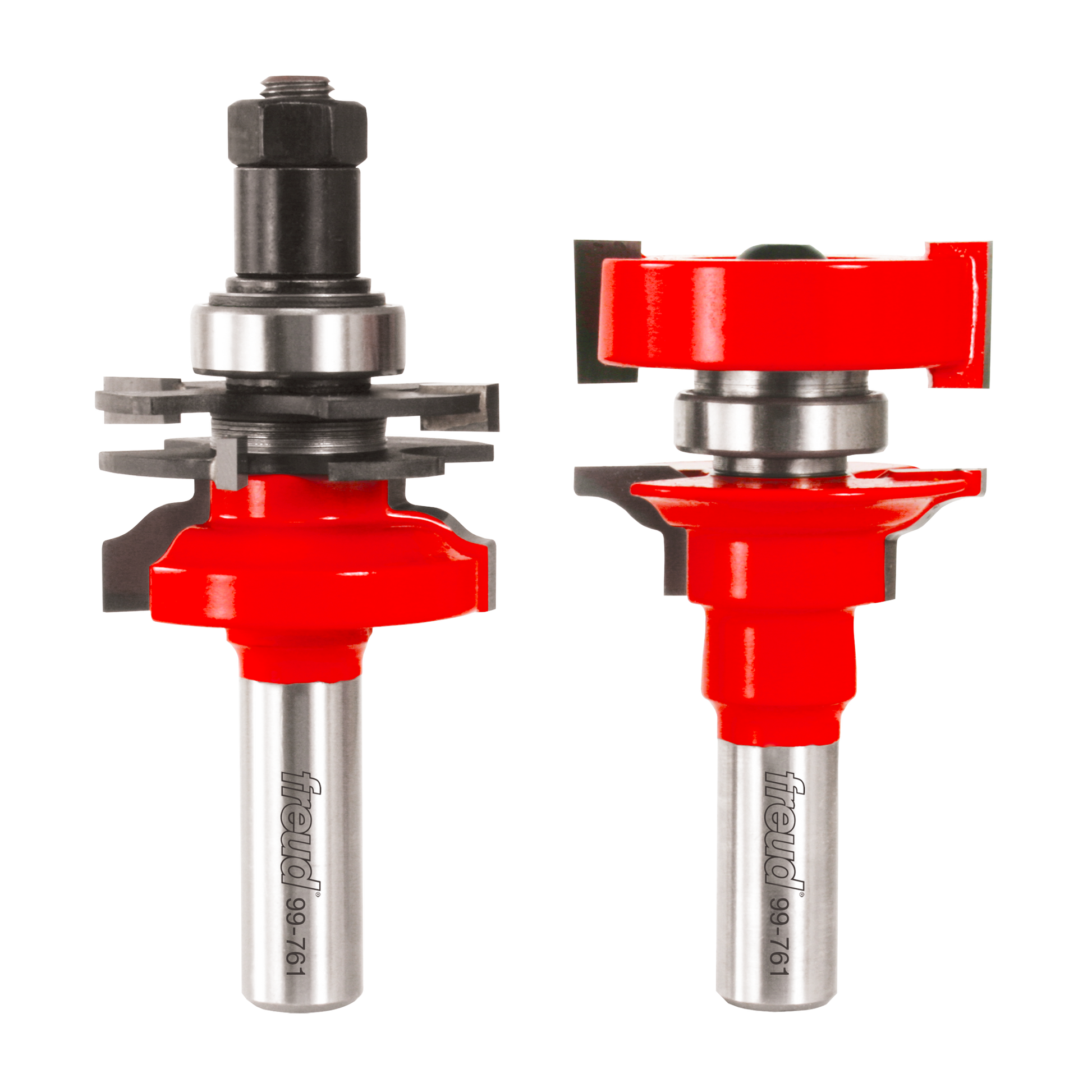 Two Freud router bits with red cutting heads and silver shanks, shown front and side views.