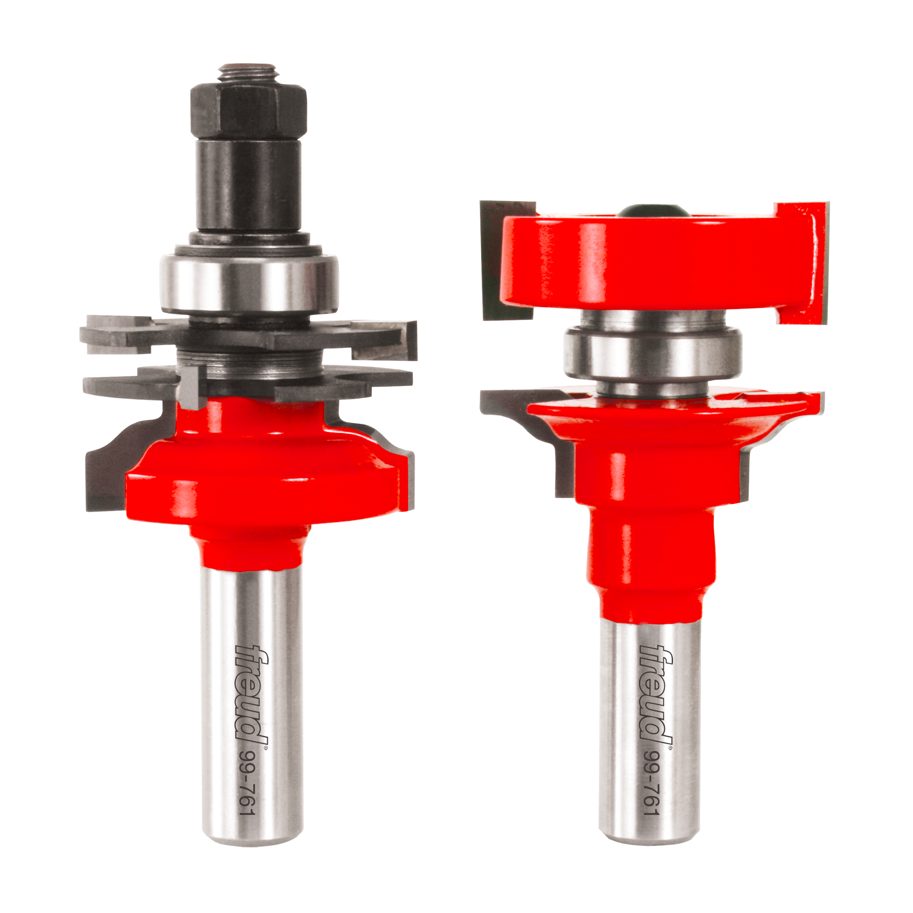 Two Freud router bits with red cutting heads and silver shanks, shown front and side views.