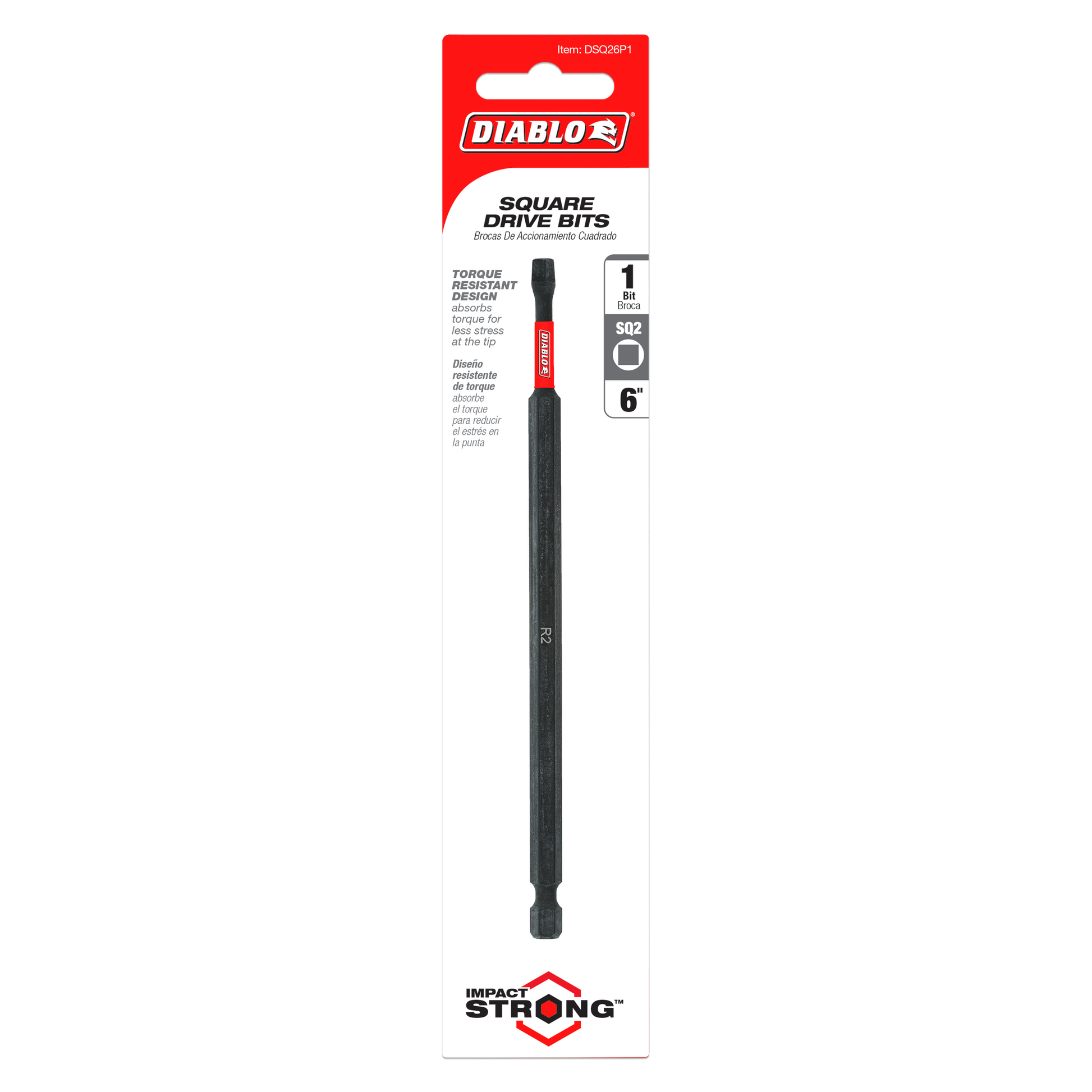Diablo 6-inch #2 square drive bit with black shaft and red grip band on packaging card.