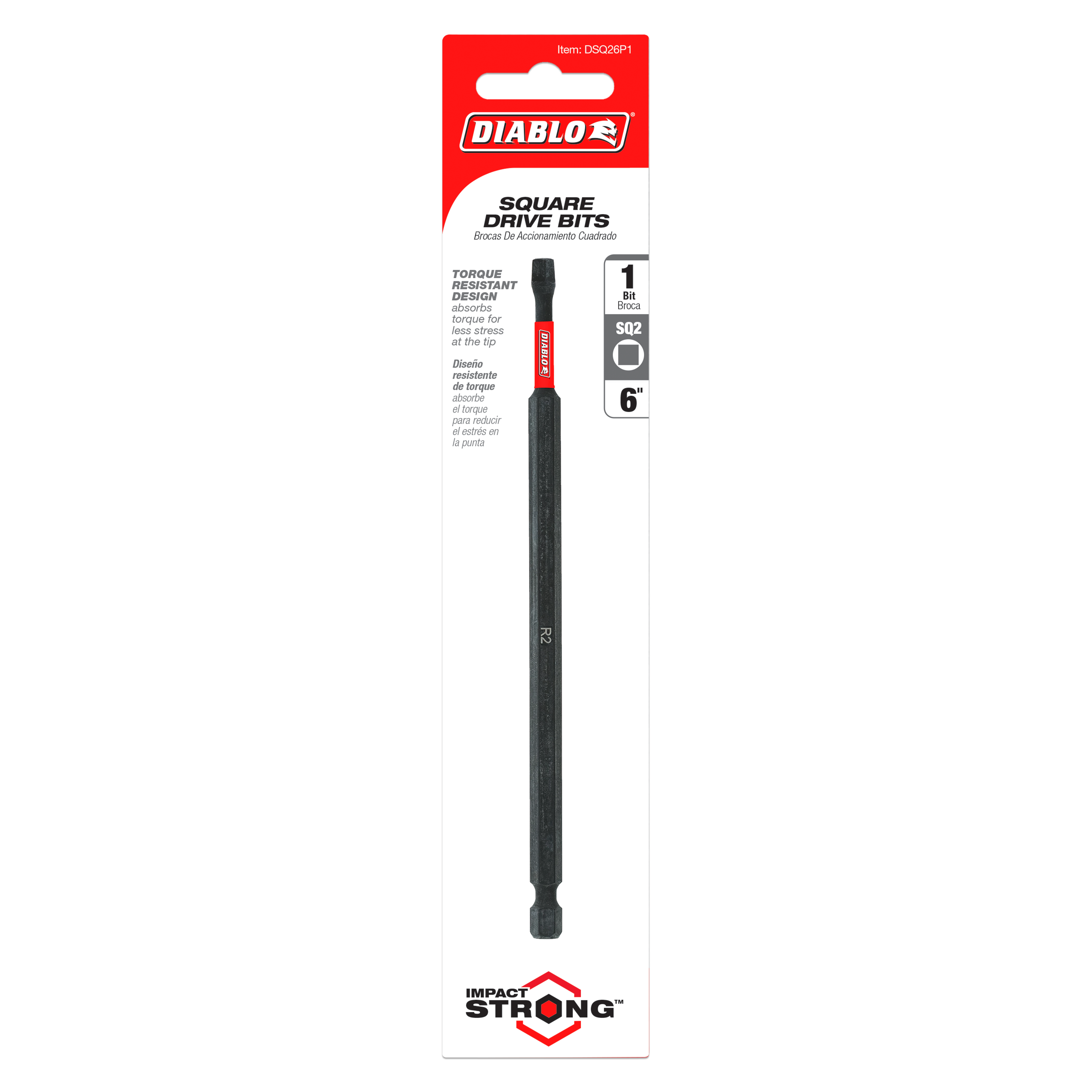 Diablo 6-inch #2 square drive bit with black shaft and red grip band on packaging card.