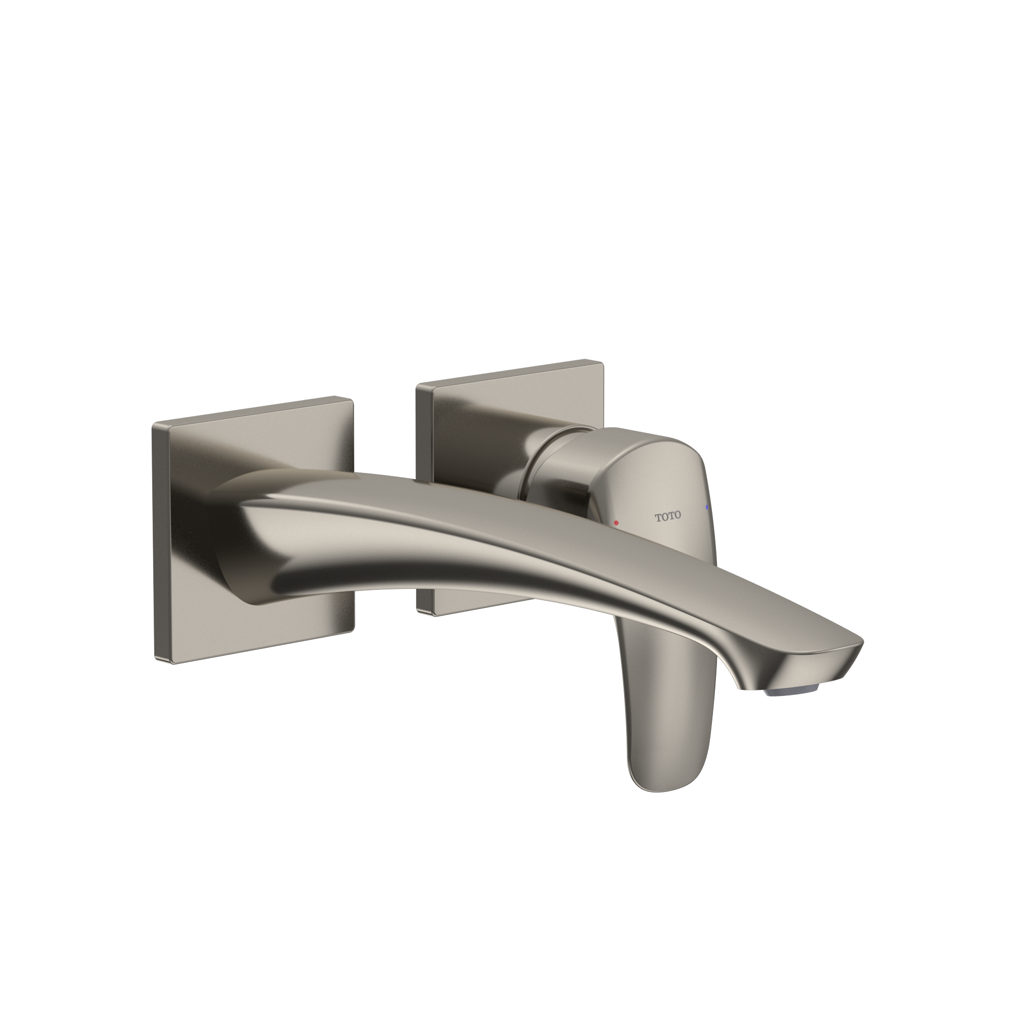 Polished nickel wall-mount bathroom faucet with single handle and curved spout.
