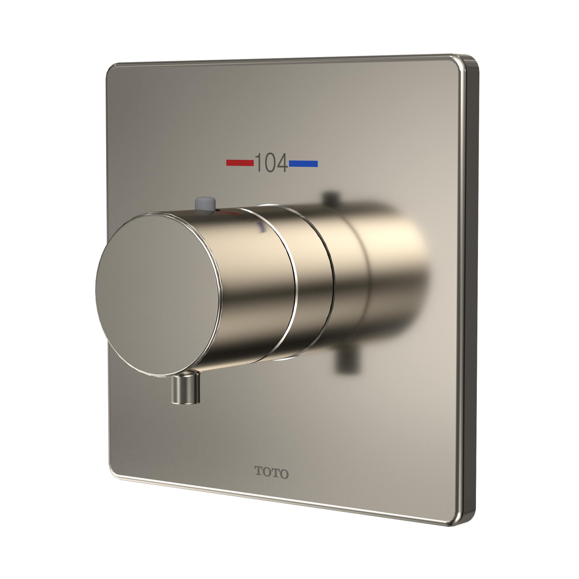 Polished nickel square shower trim with cylindrical handle, temperature indicator showing 104 degrees, and red and blue hot a
