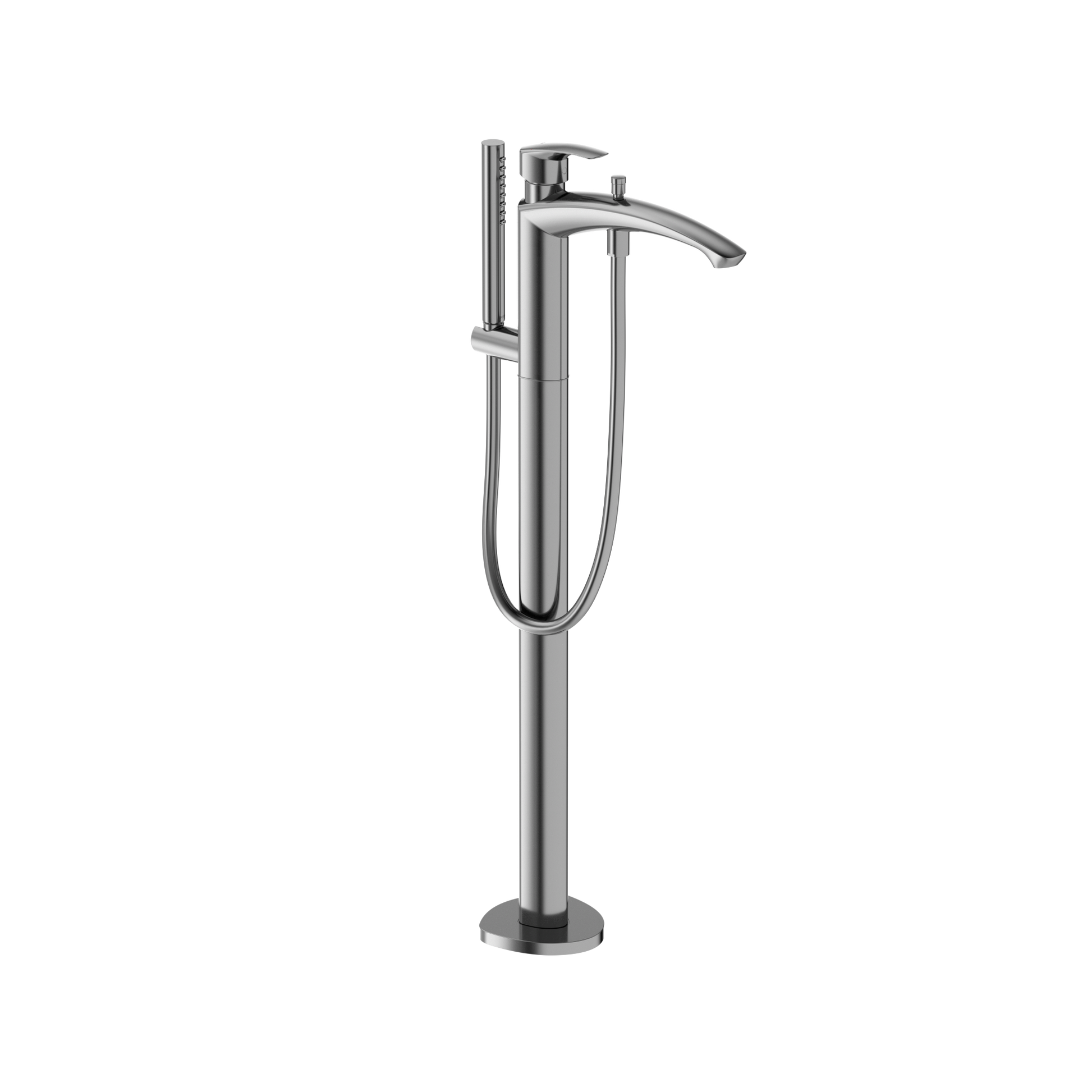 Polished chrome free-standing tub filler with single handle, curved spout, and attached handshower with hose.