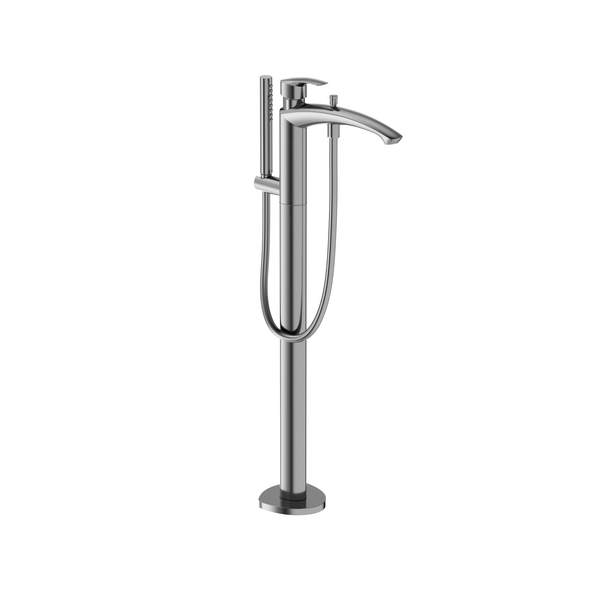 Polished chrome free-standing tub filler with single handle, curved spout, and attached handshower with hose.